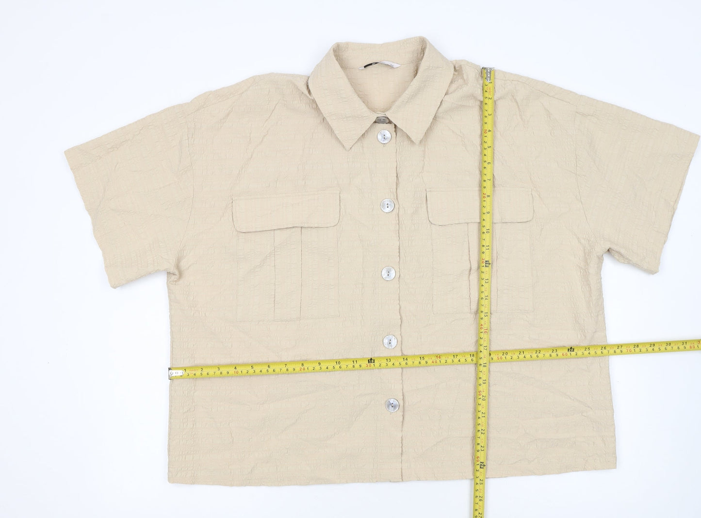 Tu Womens Beige Short Sleeve Collared Button-Up Linen Blend Shirt Size 22