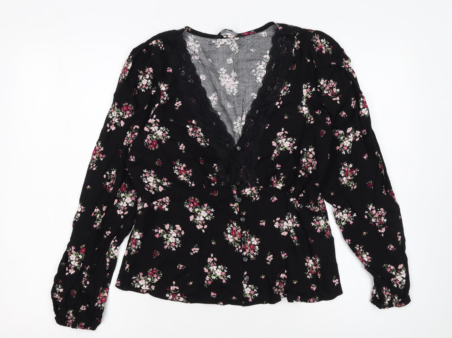 Dorothy Perkins Womens Black Floral Lace Trim V-Neck Blouse Size 12