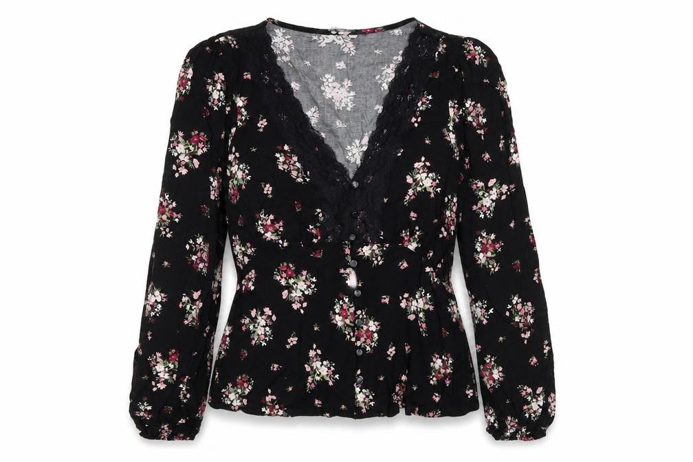 Dorothy Perkins Womens Black Floral Lace Trim V-Neck Blouse Size 12