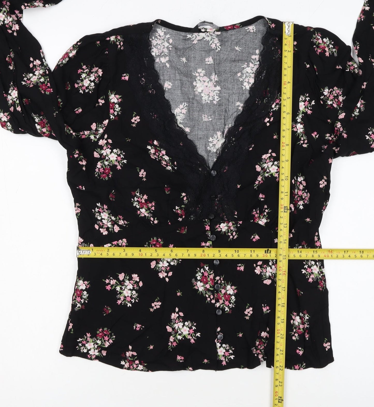 Dorothy Perkins Womens Black Floral Lace Trim V-Neck Blouse Size 12