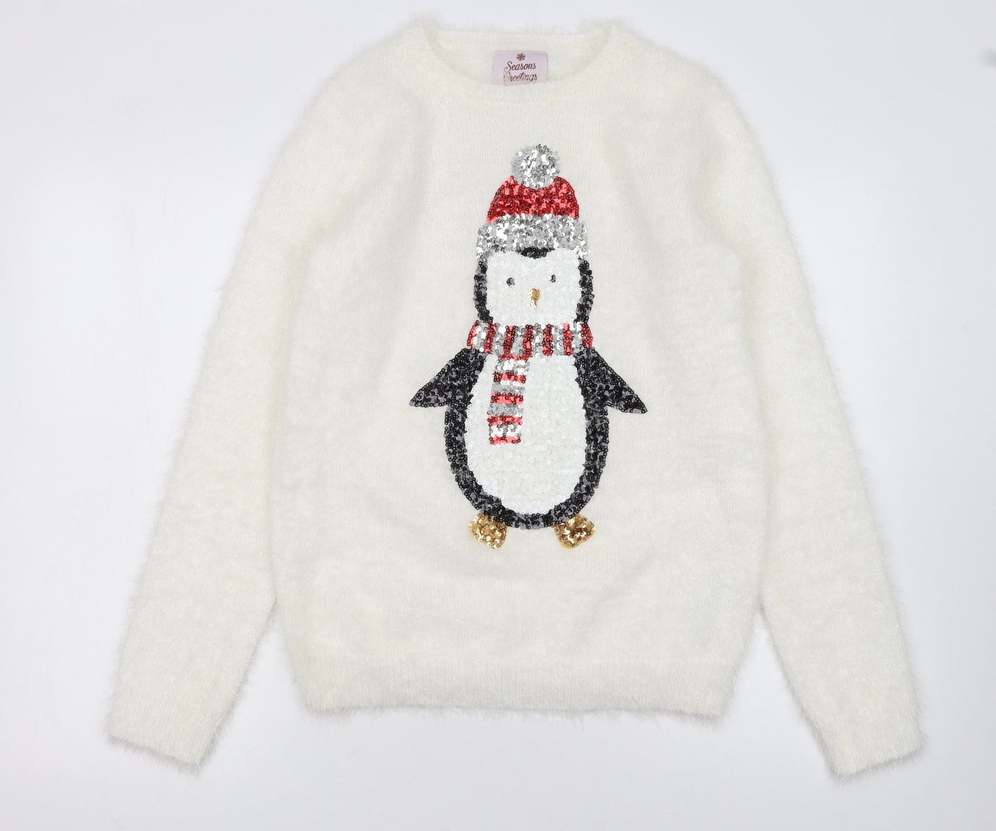 Seasons Greetings Women's Ivory Christmas Penguin Sequin Jumper Size 12