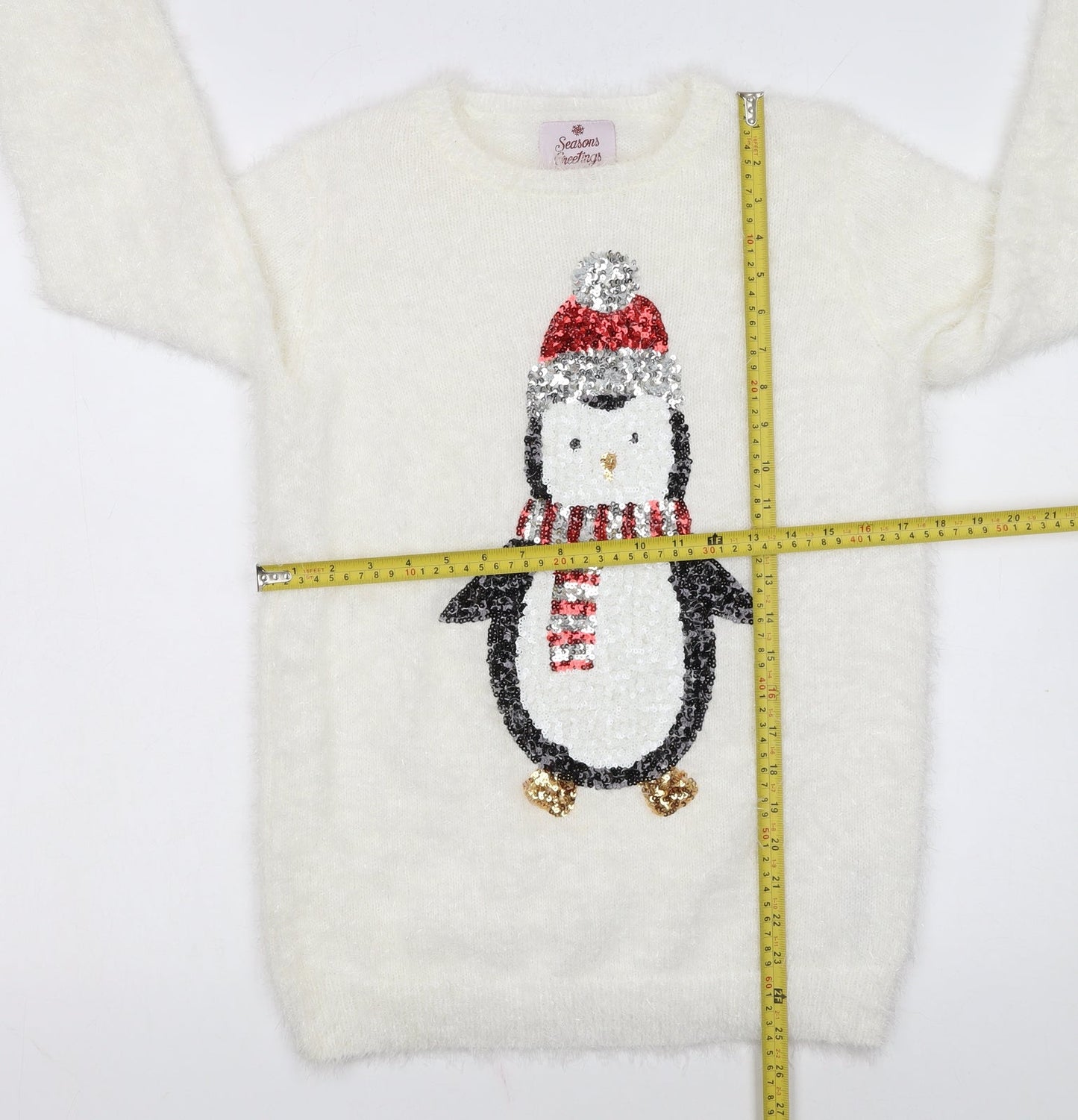 Seasons Greetings Women's Ivory Christmas Penguin Sequin Jumper Size 12