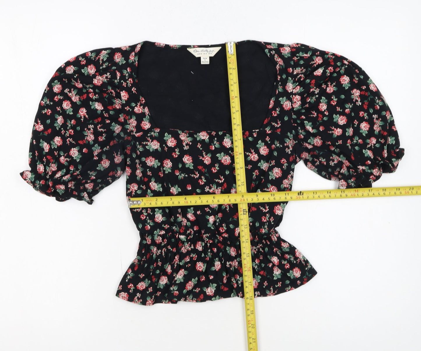 Miss Selfridge Womens Black Floral Puff Sleeve Peplum Blouse UK 8