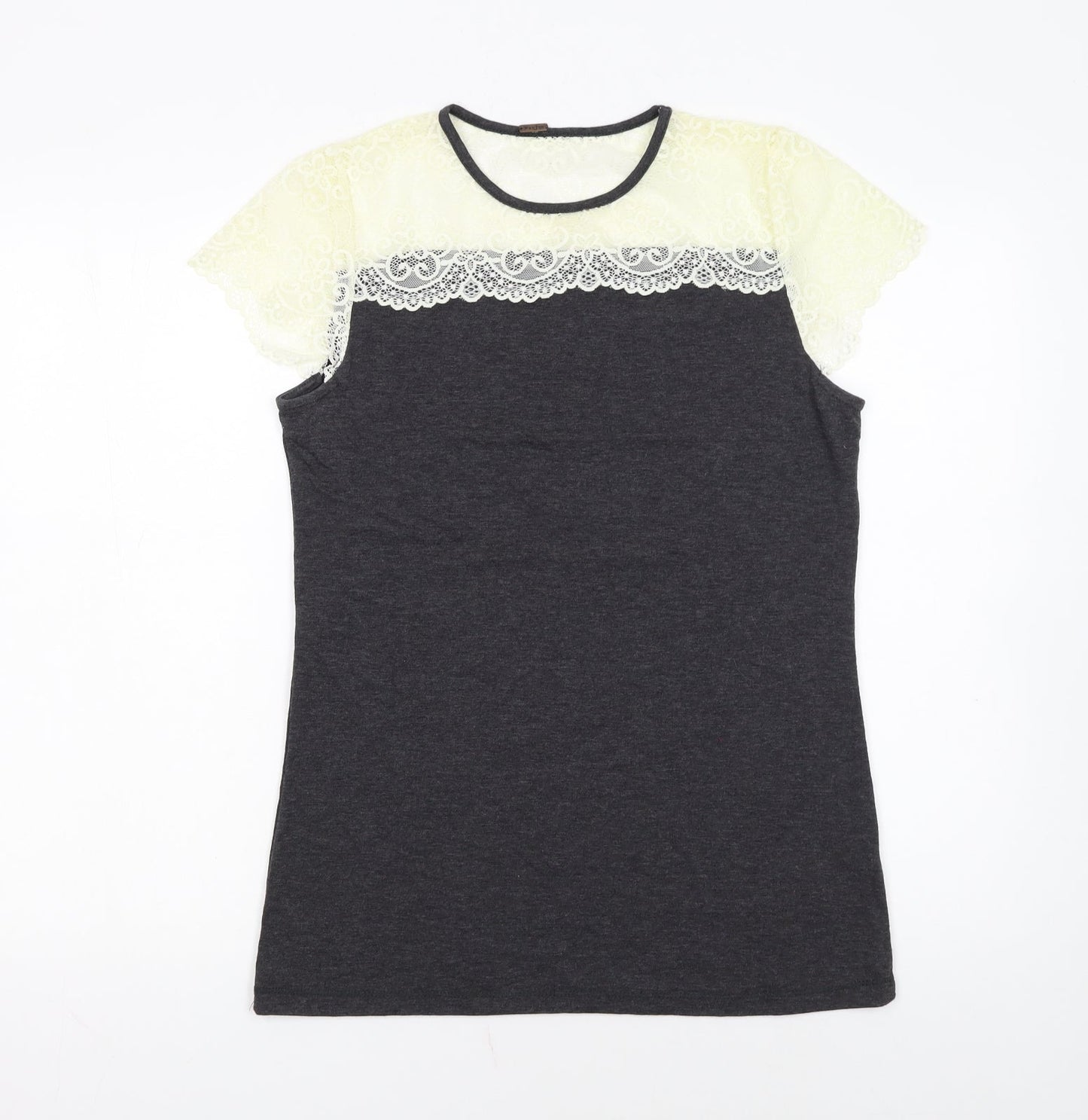 Poof Women's Grey Lace Short Sleeve T-Shirt Size L