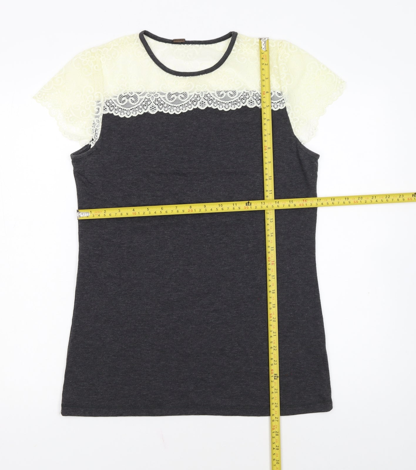 Poof Women's Grey Lace Short Sleeve T-Shirt Size L