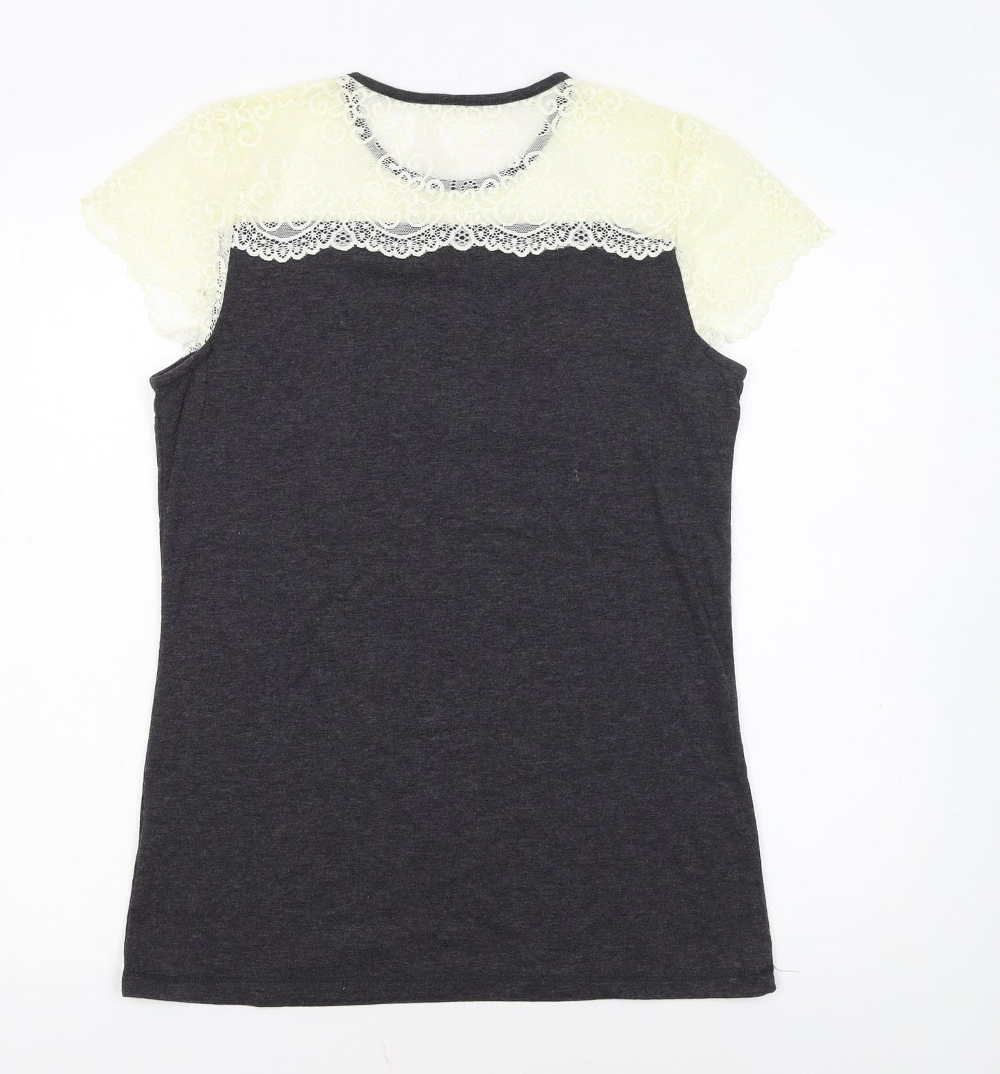 Poof Women's Grey Lace Short Sleeve T-Shirt Size L