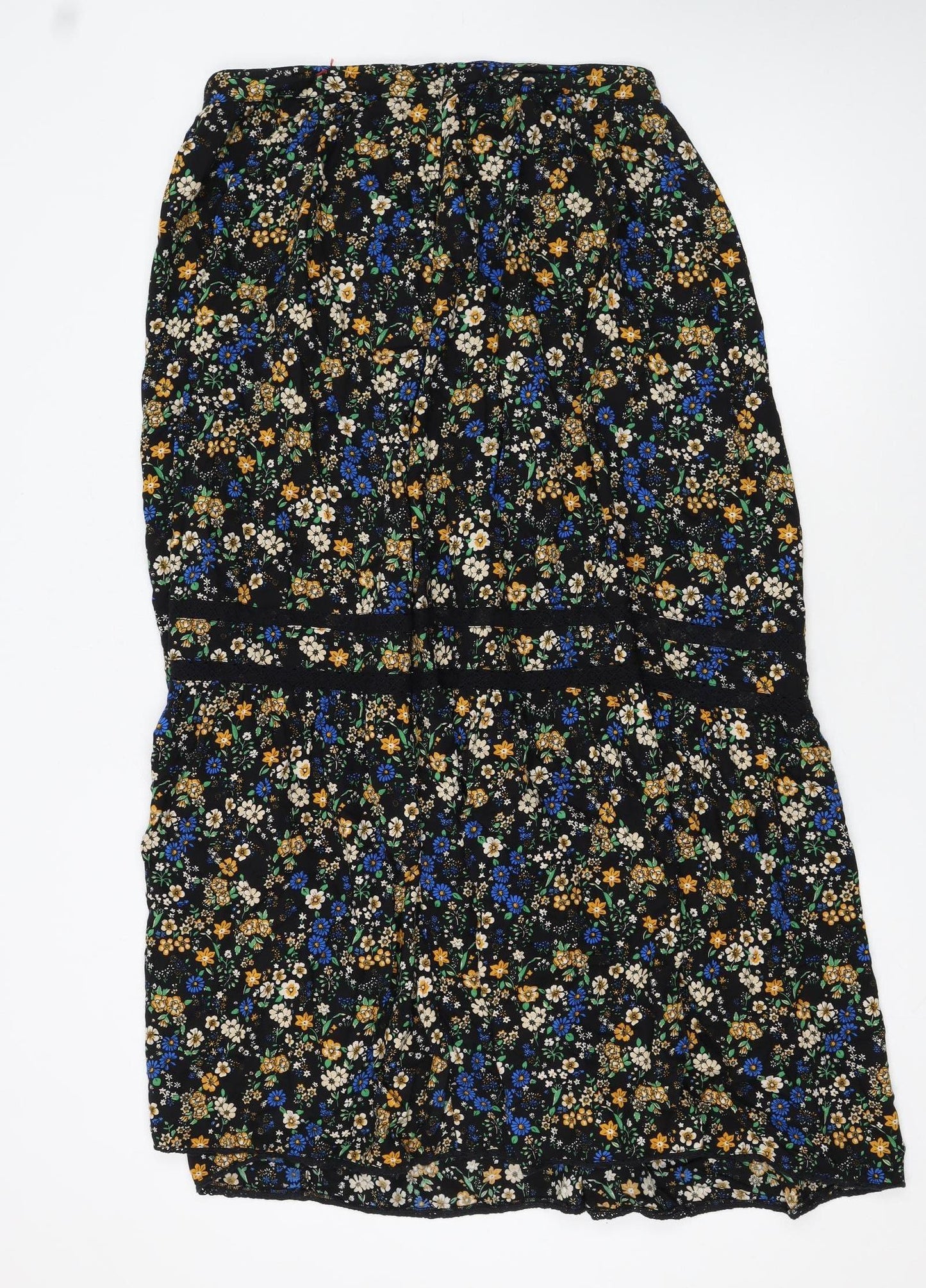 Superdry Womens Black Floral Midi Peasant Skirt Size 14 Viscose