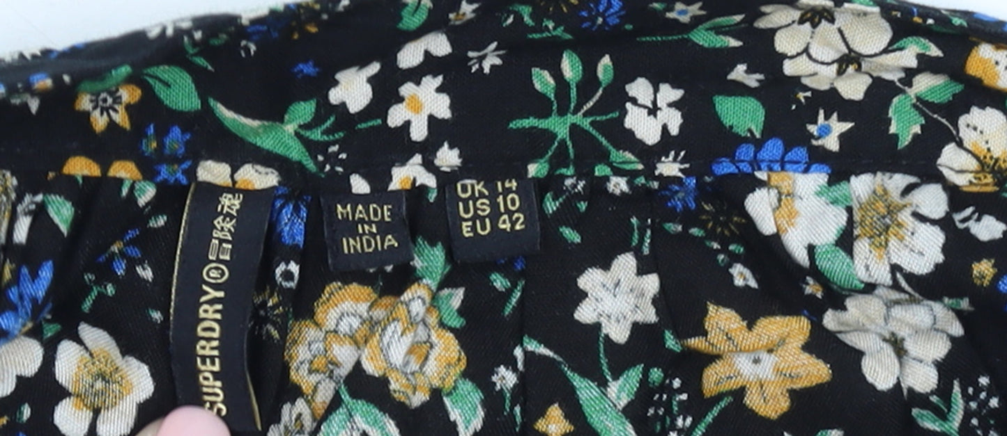 Superdry Womens Black Floral Midi Peasant Skirt Size 14 Viscose