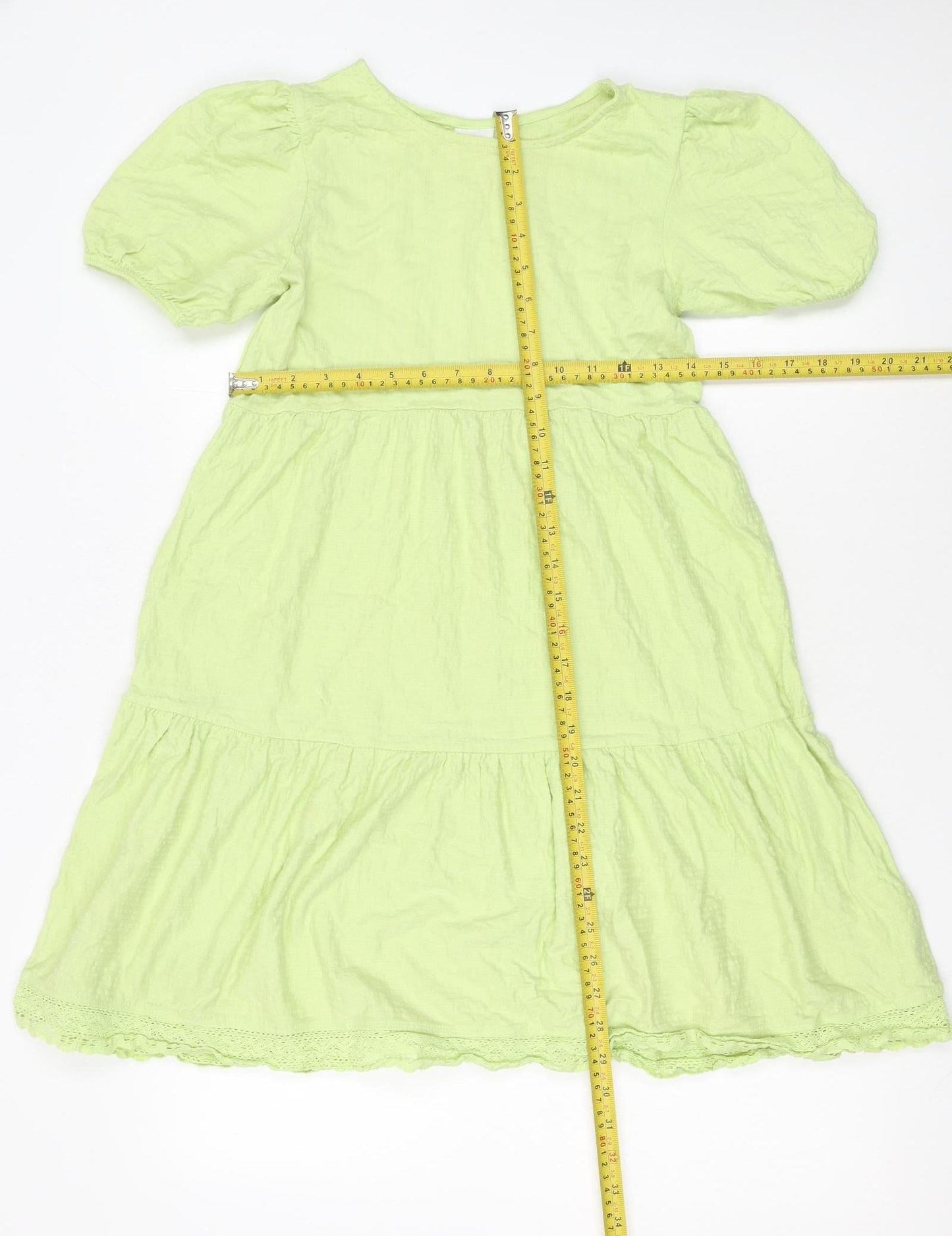ZARA Girls Green Cotton A-Line Knee Length Puff Sleeve Dress 10 Years
