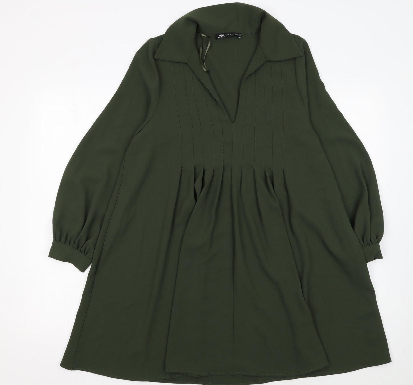 Zara Women Green A-Line Collared Short Dress XS Long Sleeve