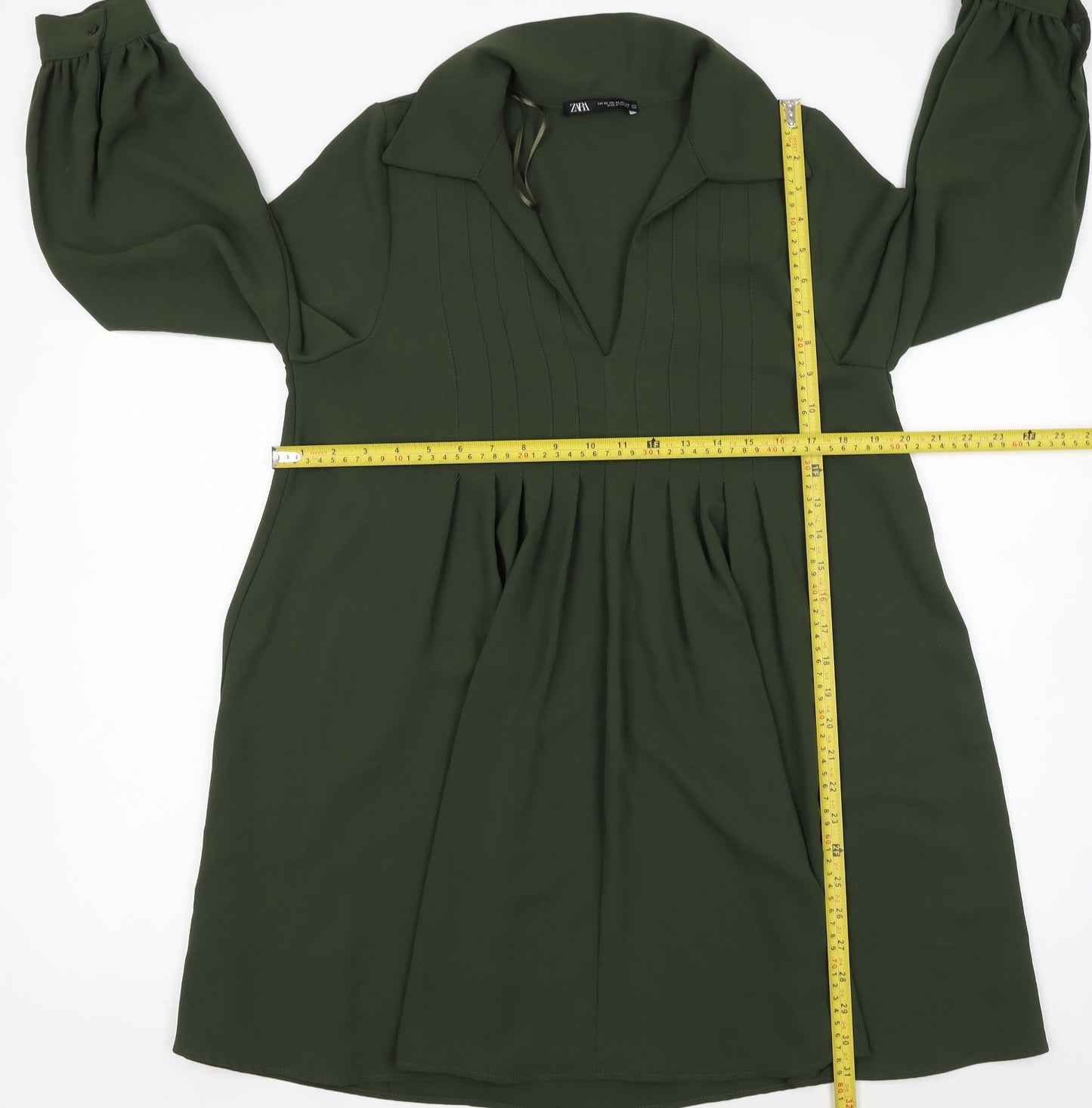Zara Women Green A-Line Collared Short Dress XS Long Sleeve