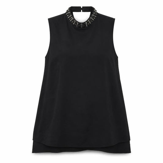 Front view of Papaya women’s black beaded high neck sleeveless tunic blouse, size UK 12