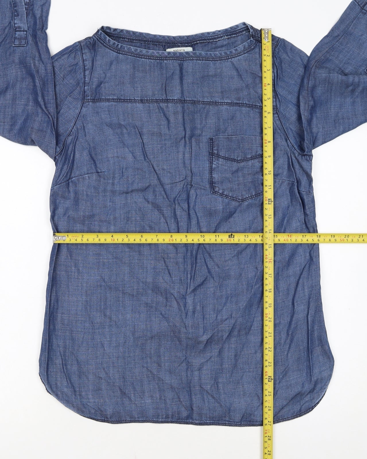 Papaya Women’s Blue Lyocell Chambray Blouse Size 10 3/4 Sleeve