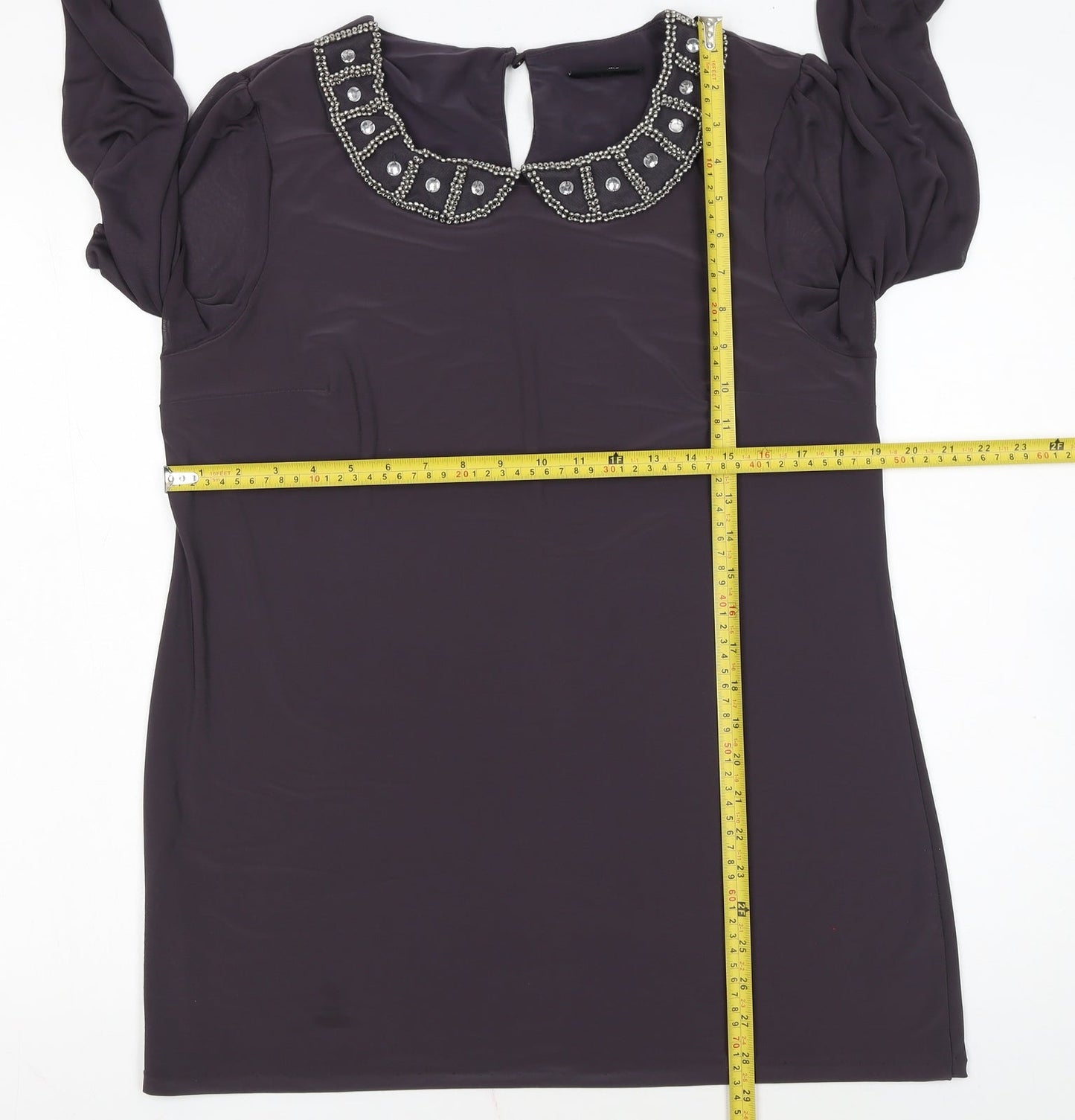 Wallis Women Purple Beaded Collar Long Sleeve Blouse UK 16
