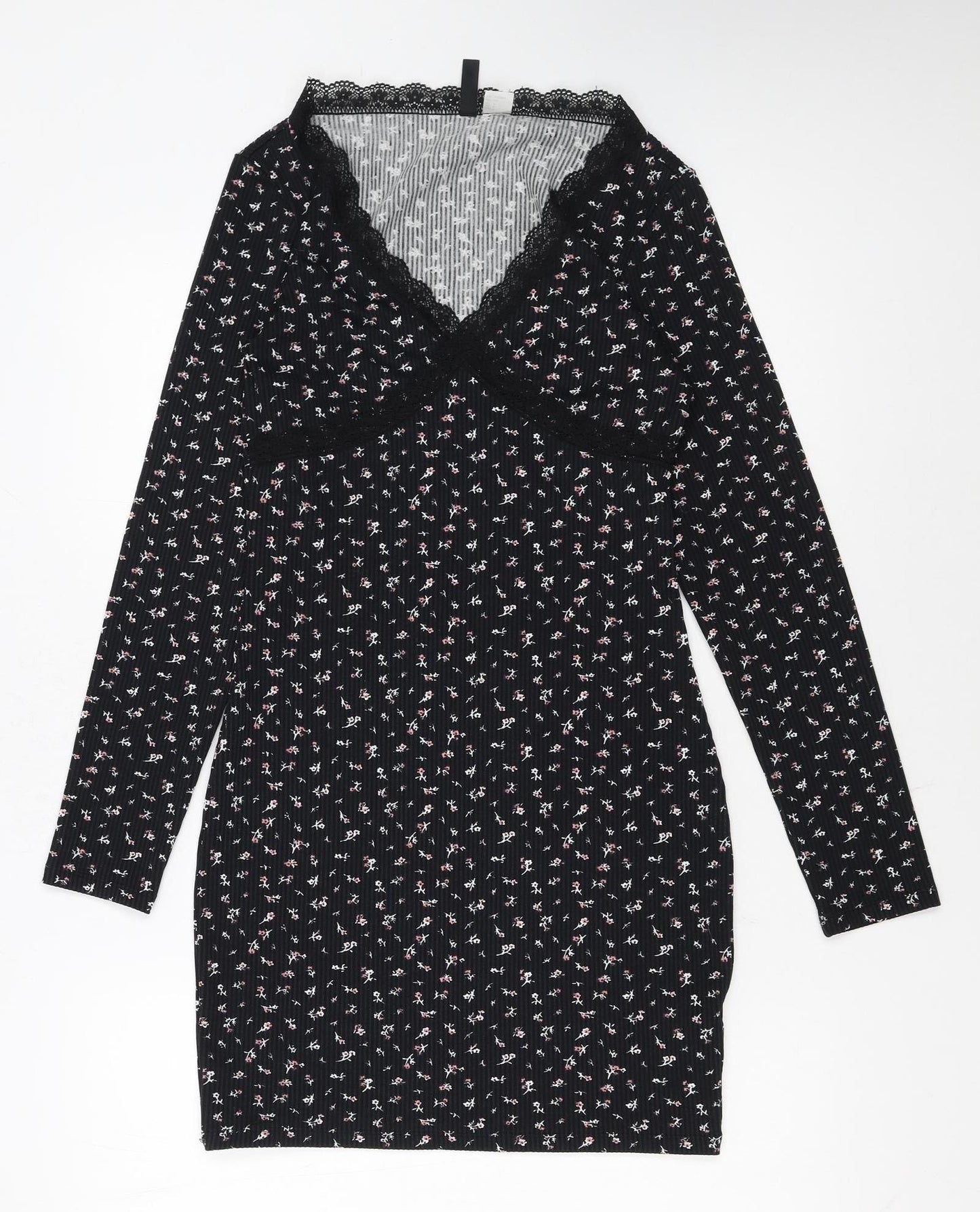 H&M Divided Women's Black Floral Bodycon Lace Detail Dress Size 8