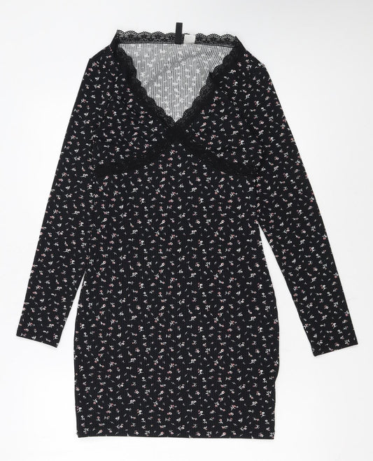 H&M Divided Women's Black Floral Bodycon Lace Detail Dress Size 8