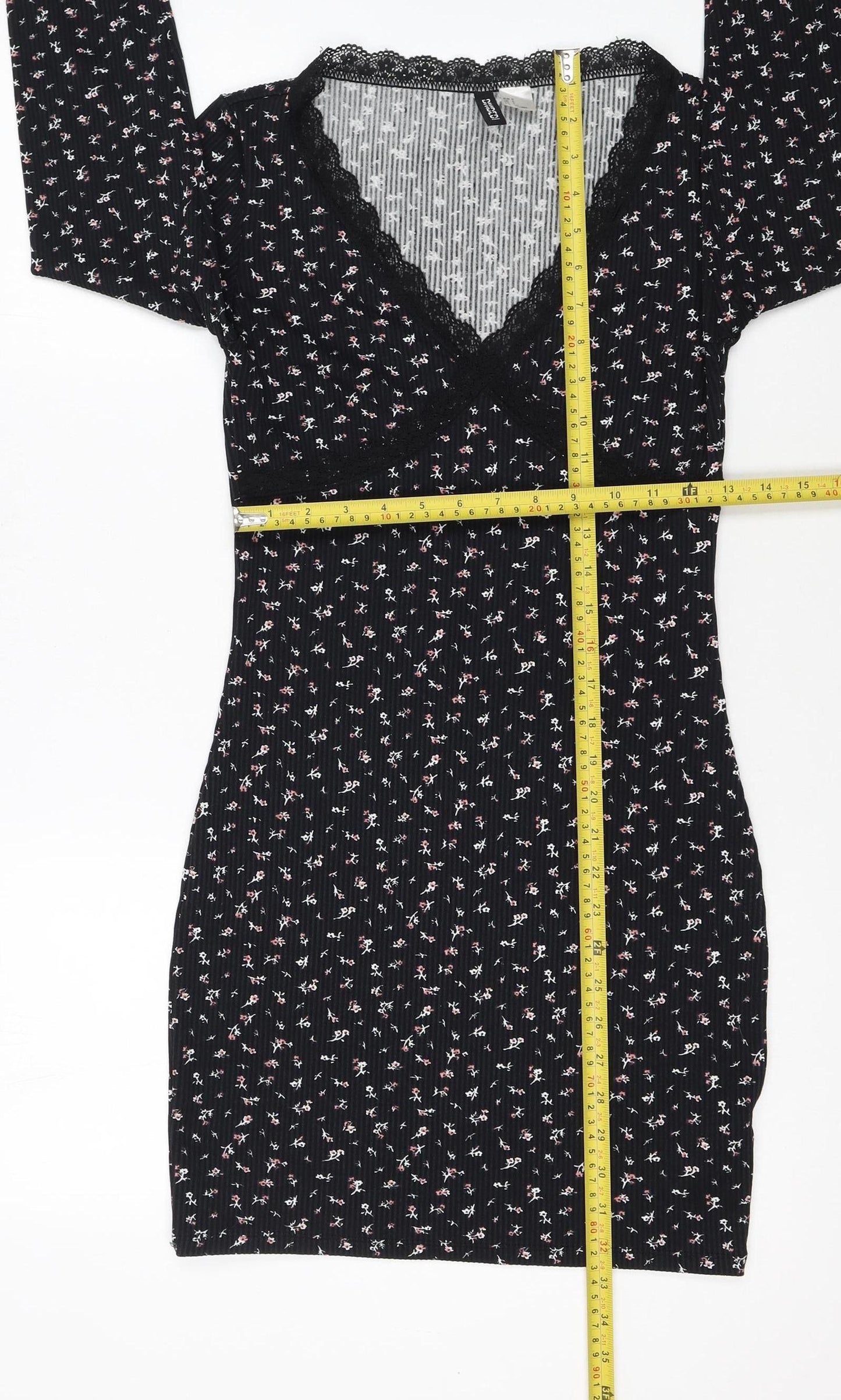 H&M Divided Women's Black Floral Bodycon Lace Detail Dress Size 8