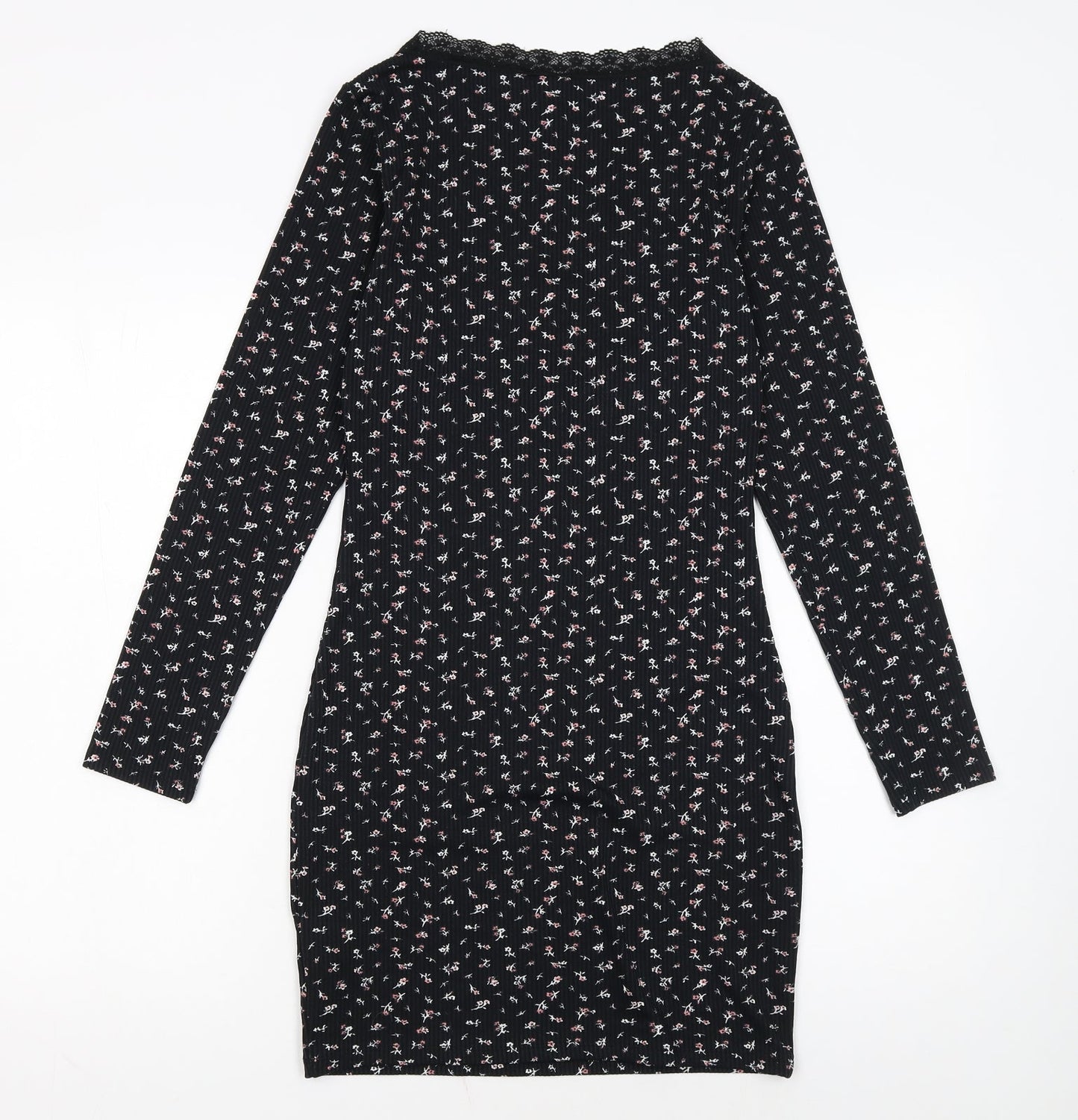H&M Divided Women's Black Floral Bodycon Lace Detail Dress Size 8