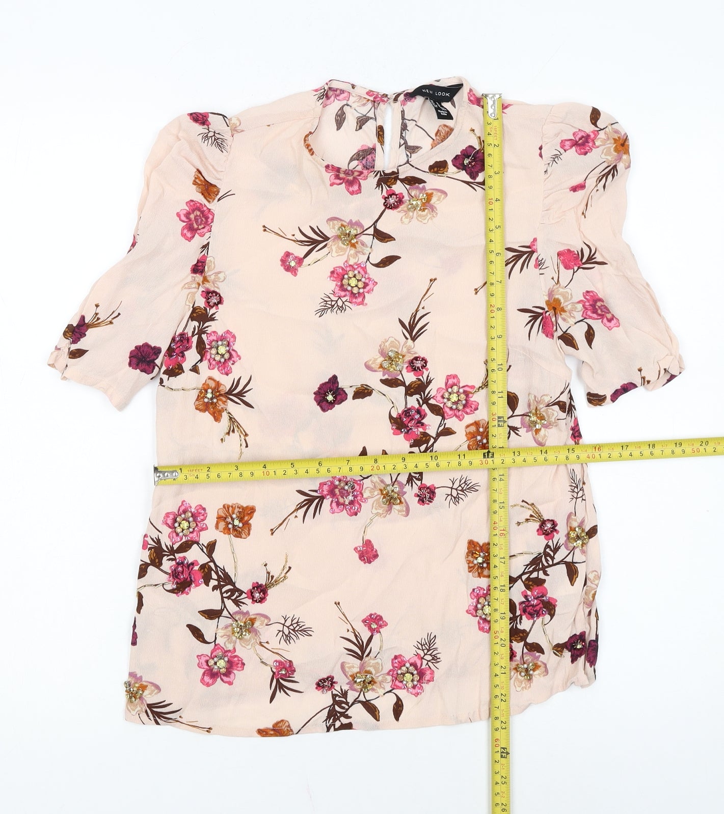 New Look Women’s Beige Floral Tunic Blouse Size 10 Short Sleeve Viscose