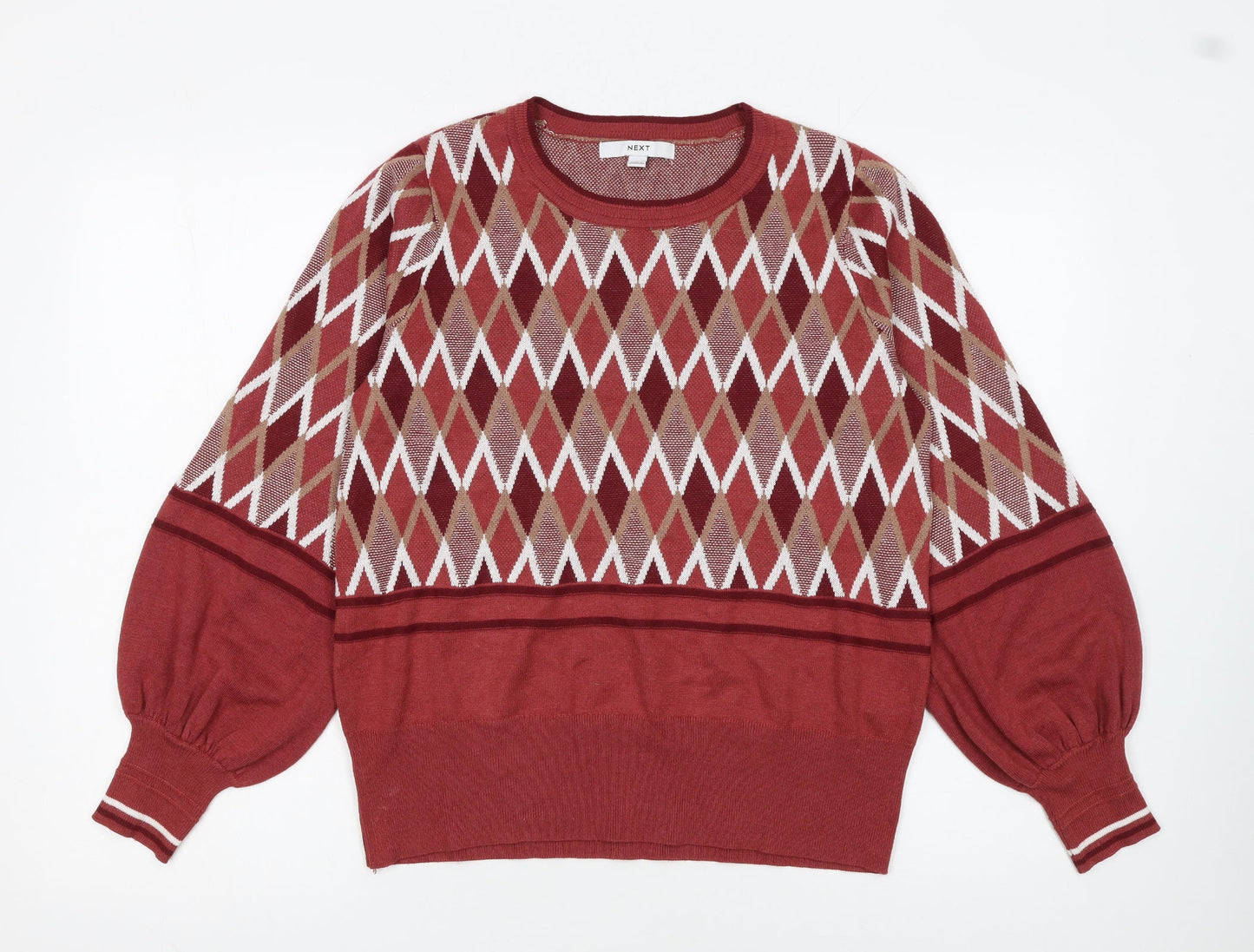 Next Women Red Argyle Knit Crew Neck Pullover Jumper Size 14