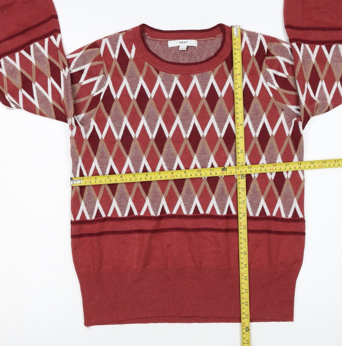 Next Women Red Argyle Knit Crew Neck Pullover Jumper Size 14