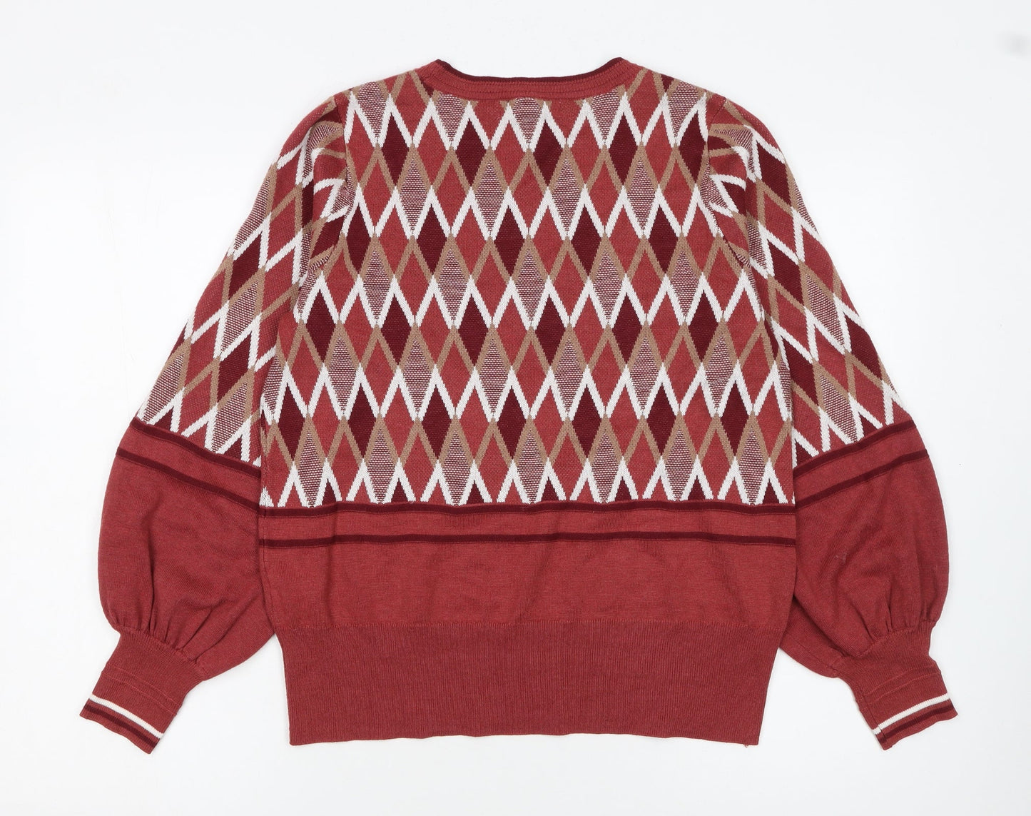 Next Women Red Argyle Knit Crew Neck Pullover Jumper Size 14