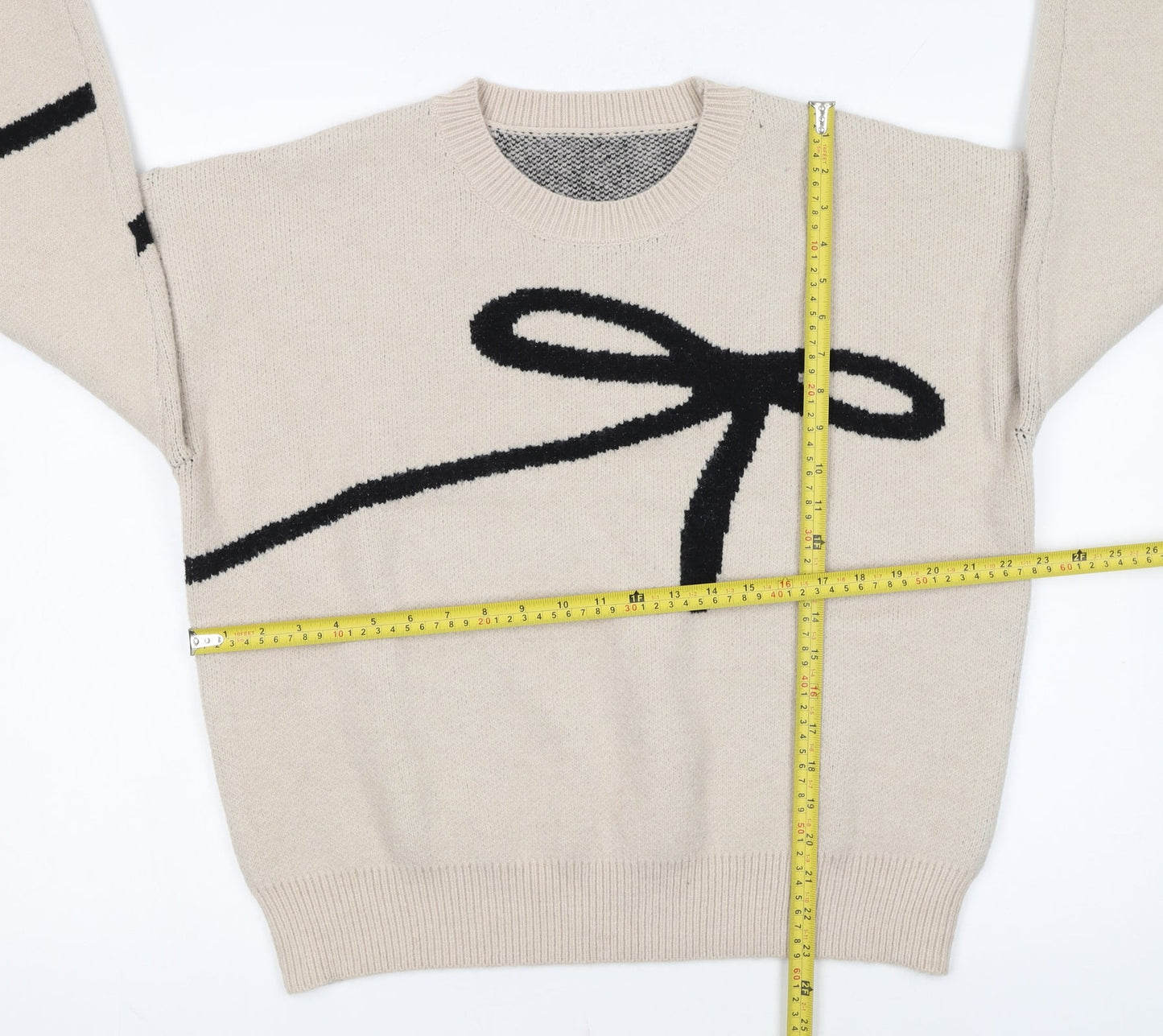 Dazy Women Beige Bow Knit Pullover Jumper L Crew Neck Acrylic Blend