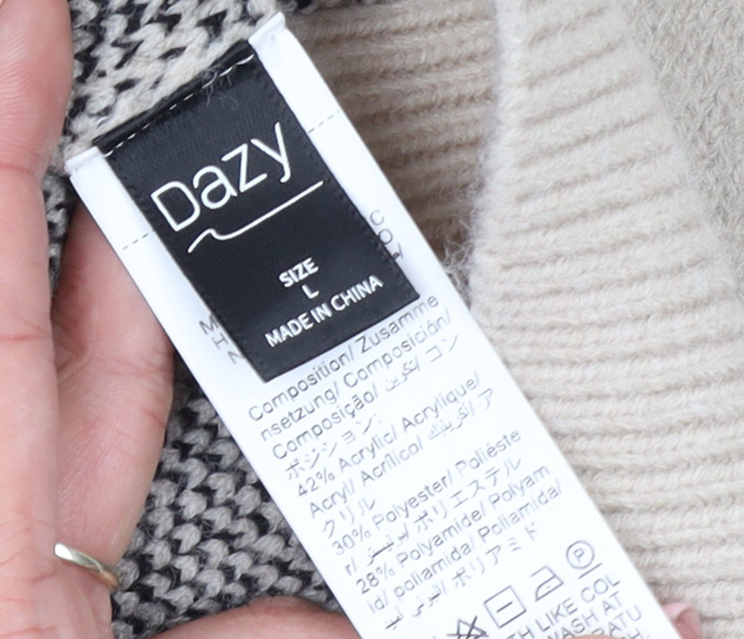 Dazy Women Beige Bow Knit Pullover Jumper L Crew Neck Acrylic Blend