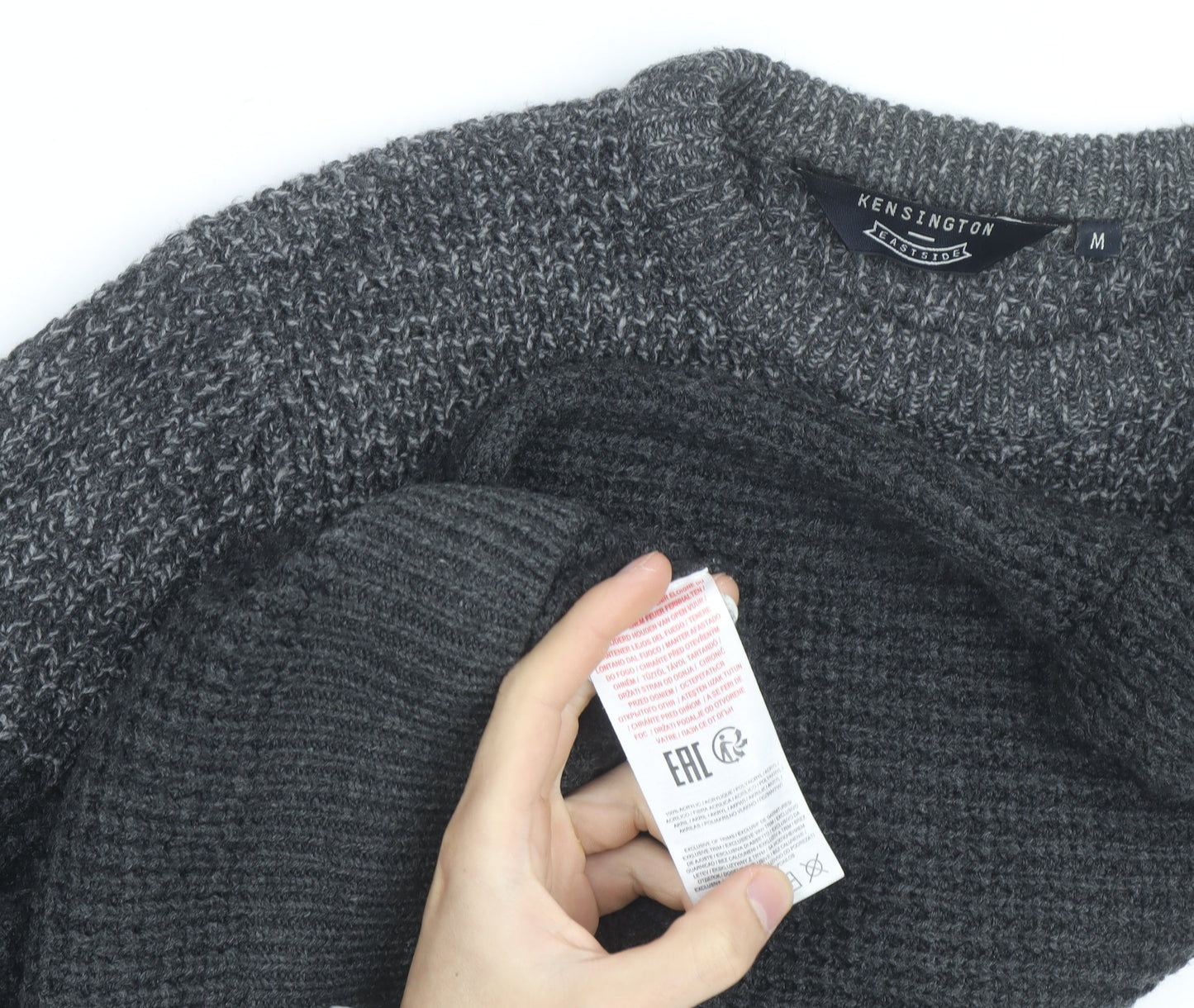 Kensington Eastside Men's Grey Chunky Knit Crew Neck Pullover Jumper M