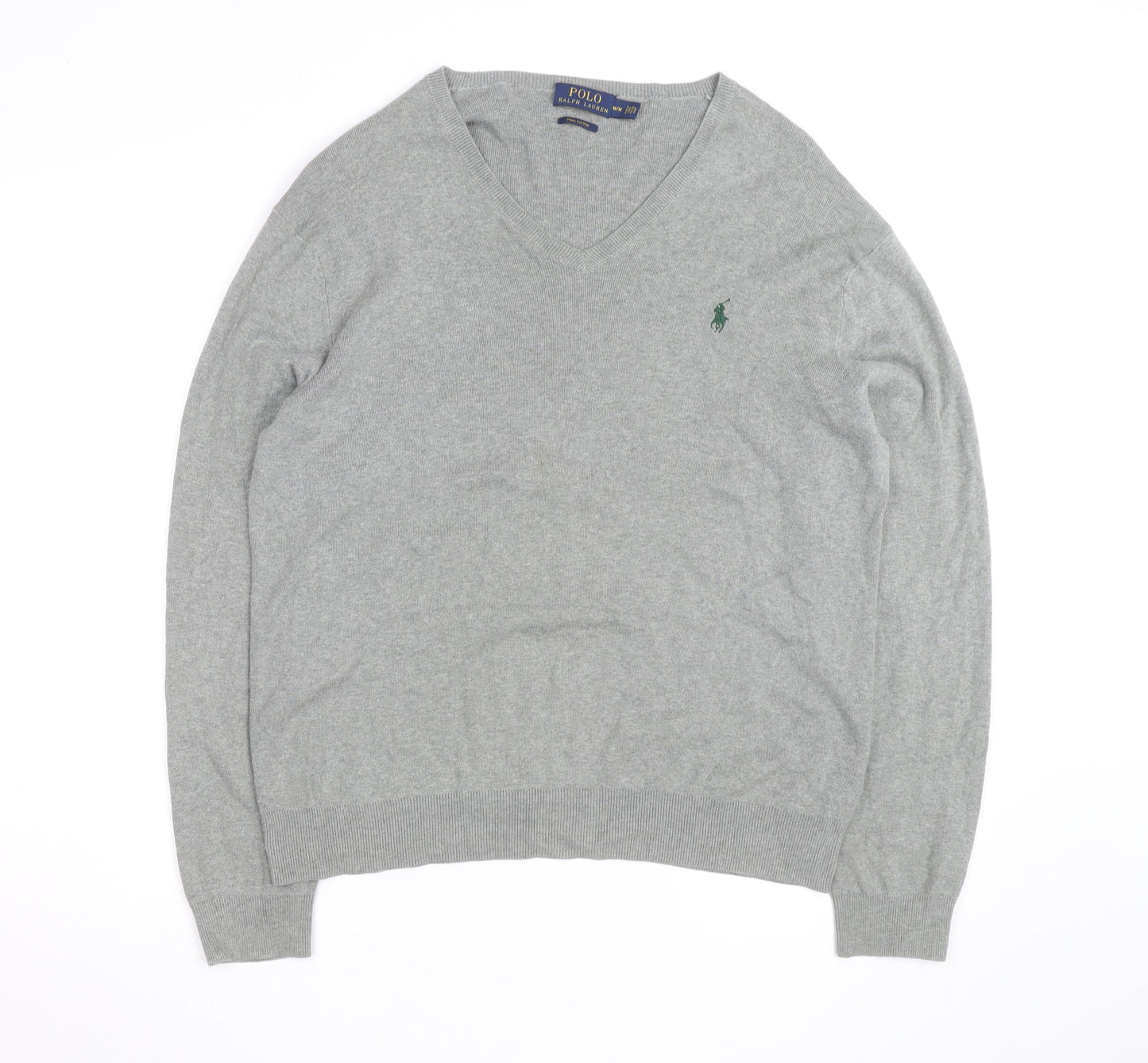 Ralph Lauren Men's Grey V-Neck Cotton Jumper Size M