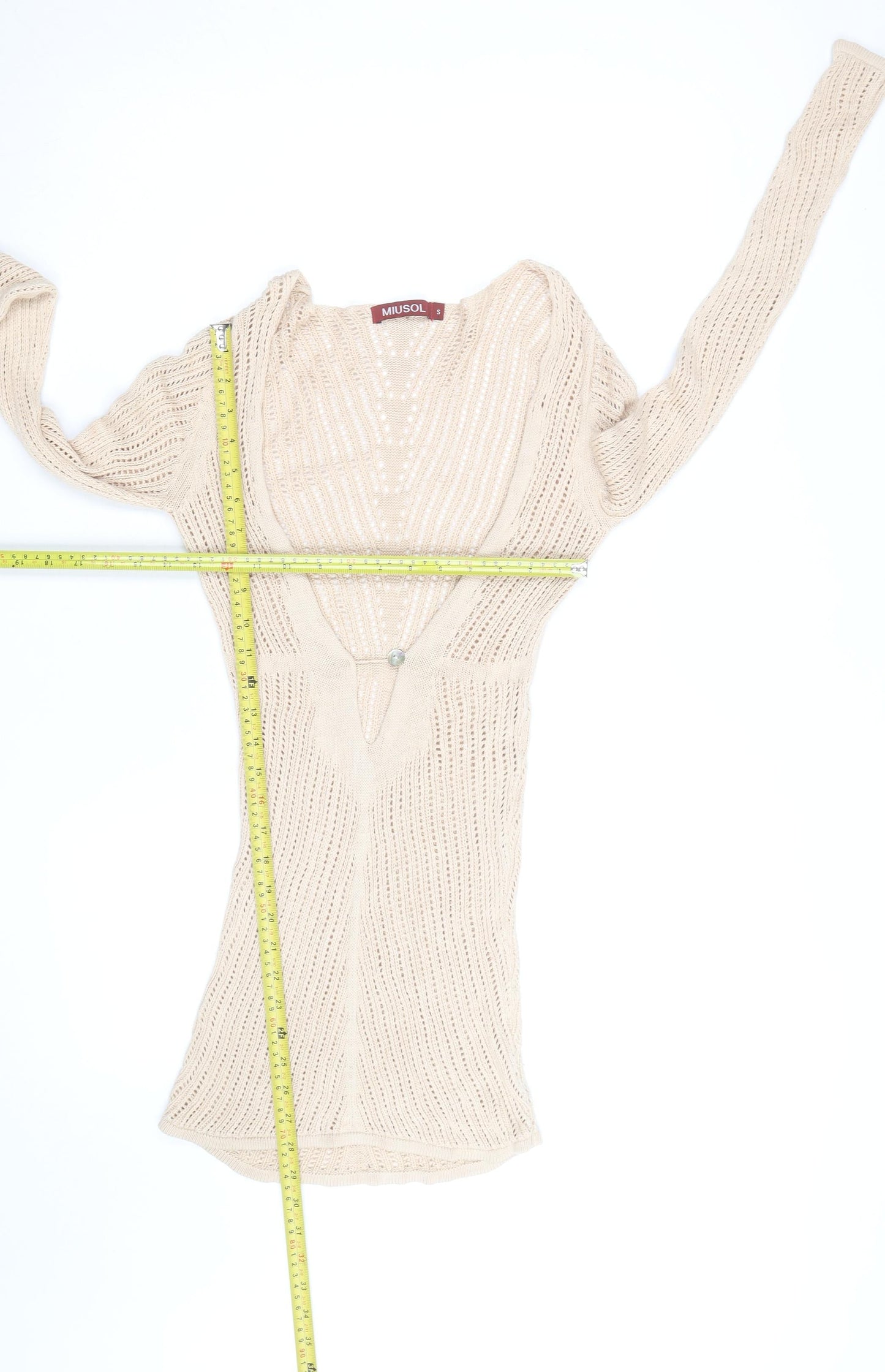 MIUSOL Women Beige Knit Bodycon Long Sleeve V-Neck Dress Size S