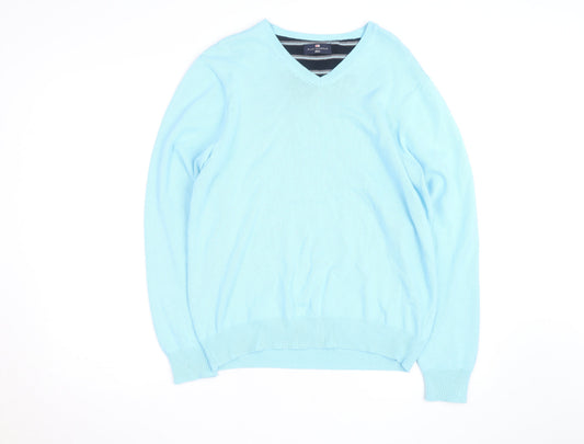 Marks and Spencer Blue Harbour Men's Blue V-Neck Cotton Jumper M