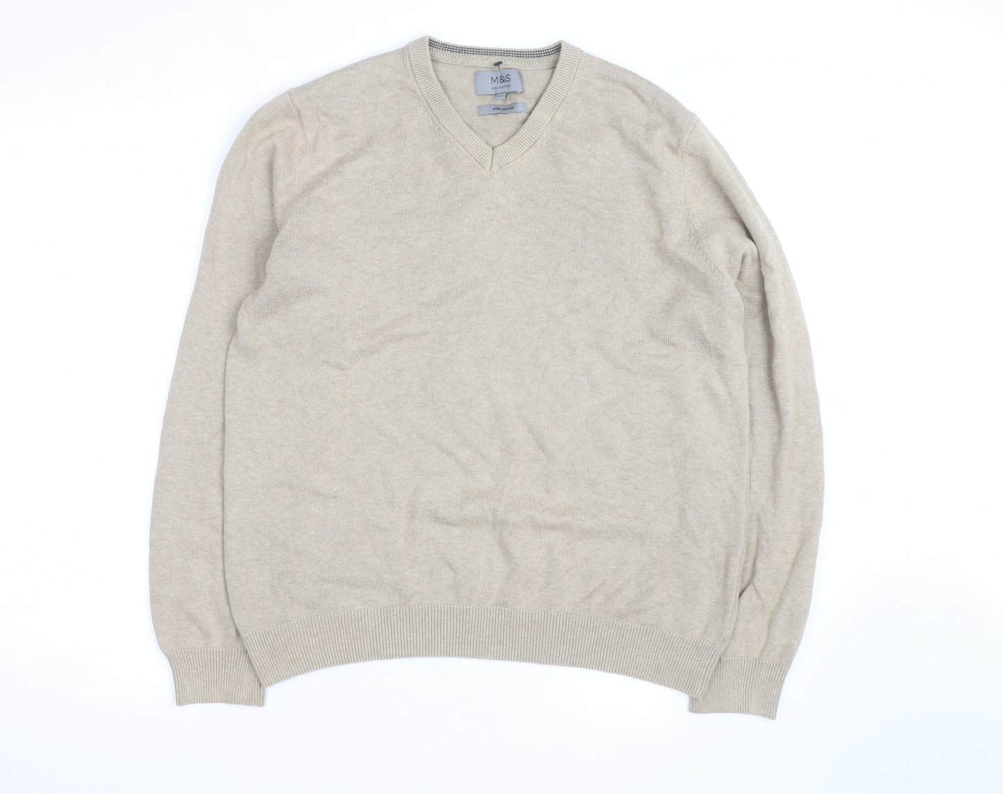 Marks and Spencer Men's Beige Cotton V-Neck Jumper Size M