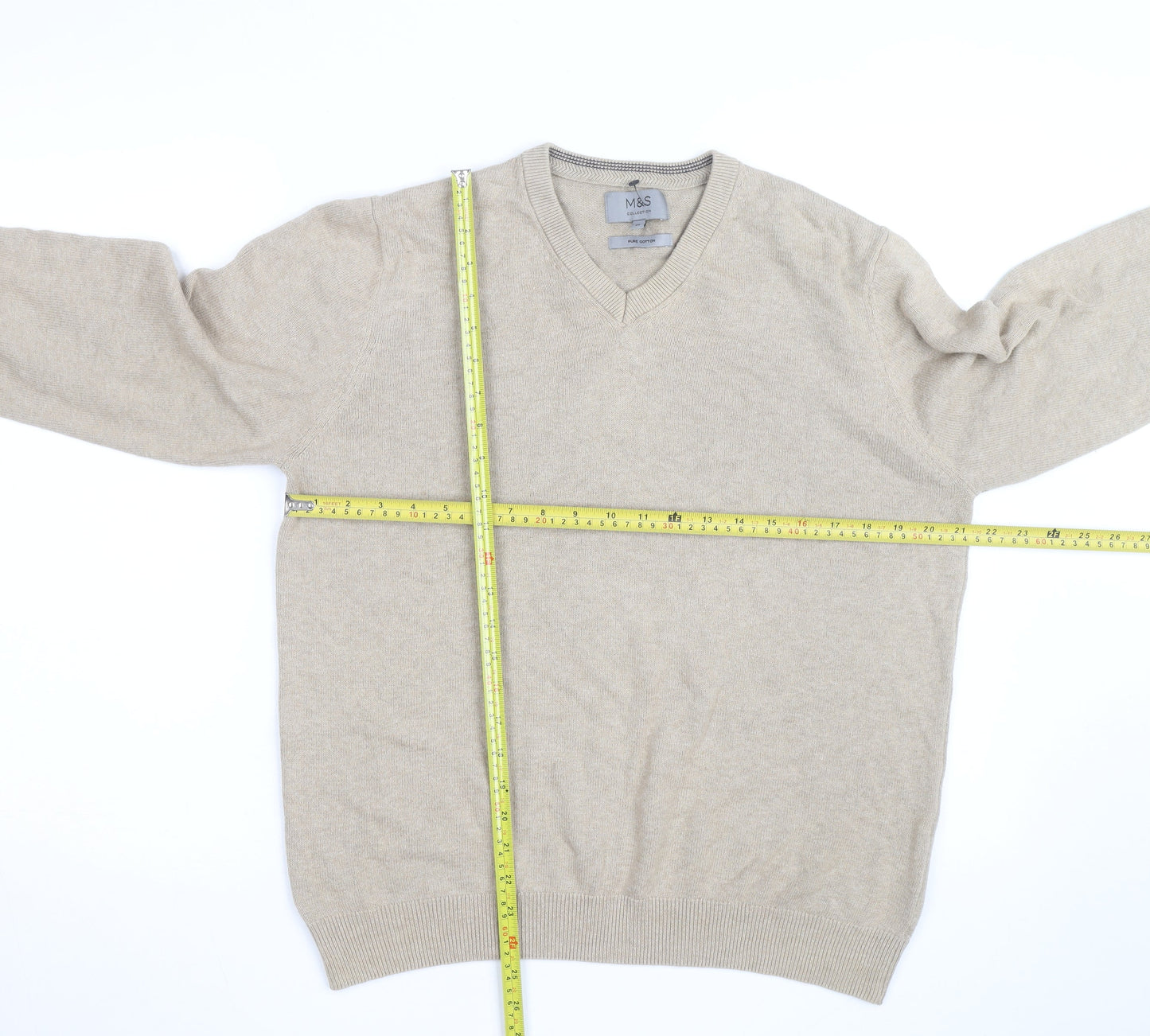 Marks and Spencer Men's Beige Cotton V-Neck Jumper Size M