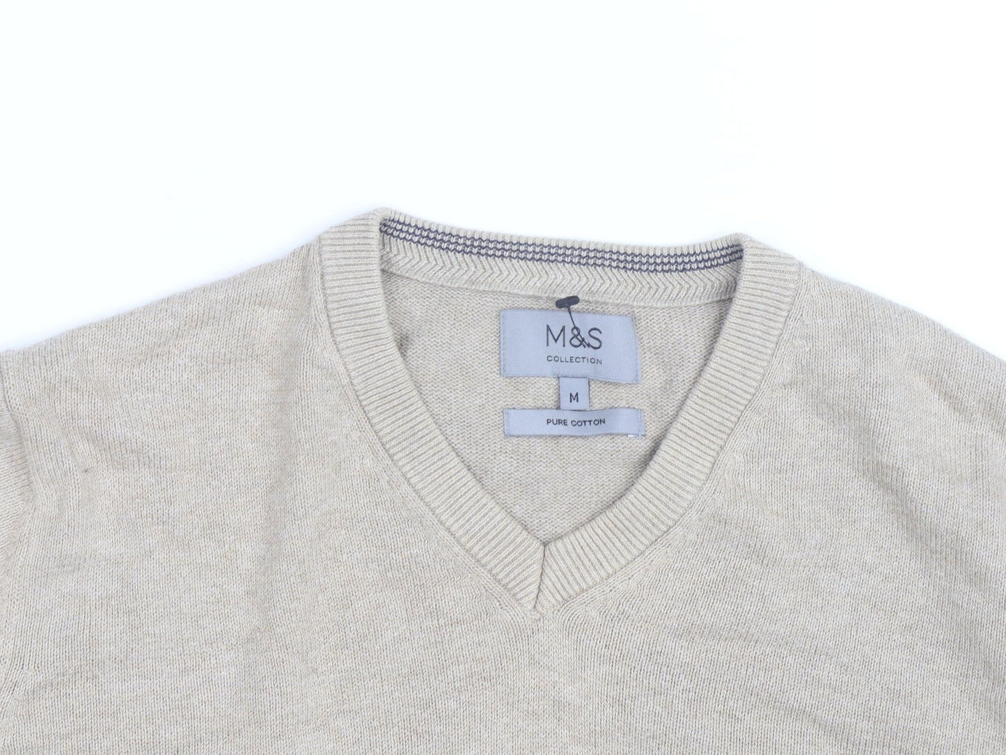 Marks and Spencer Men's Beige Cotton V-Neck Jumper Size M