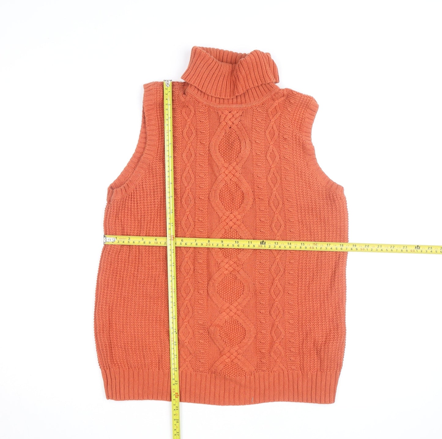 Jeanne Pierre Men's Orange Cable-Knit Sleeveless Roll Neck Jumper L