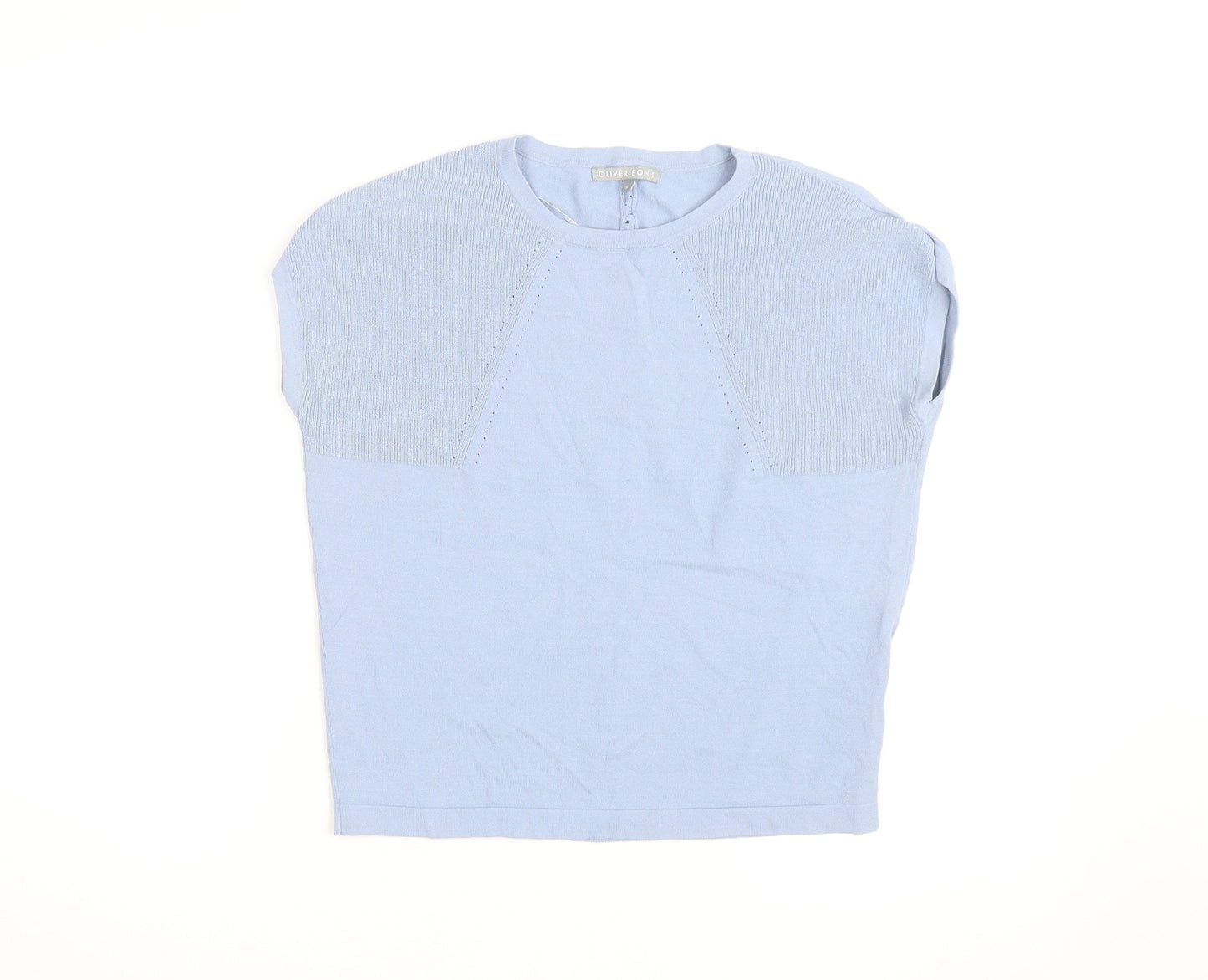 Oliver Bonas Women's Blue Knit Cotton Blend Short Sleeve Blouse UK 8