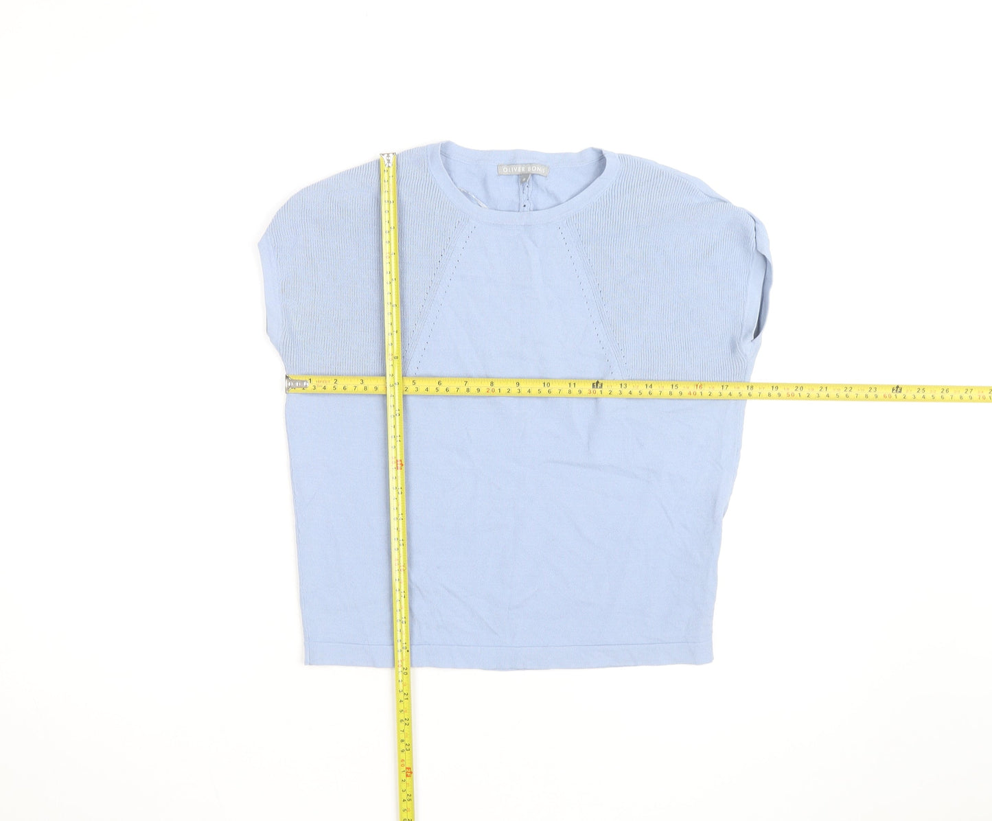 Oliver Bonas Women's Blue Knit Cotton Blend Short Sleeve Blouse UK 8