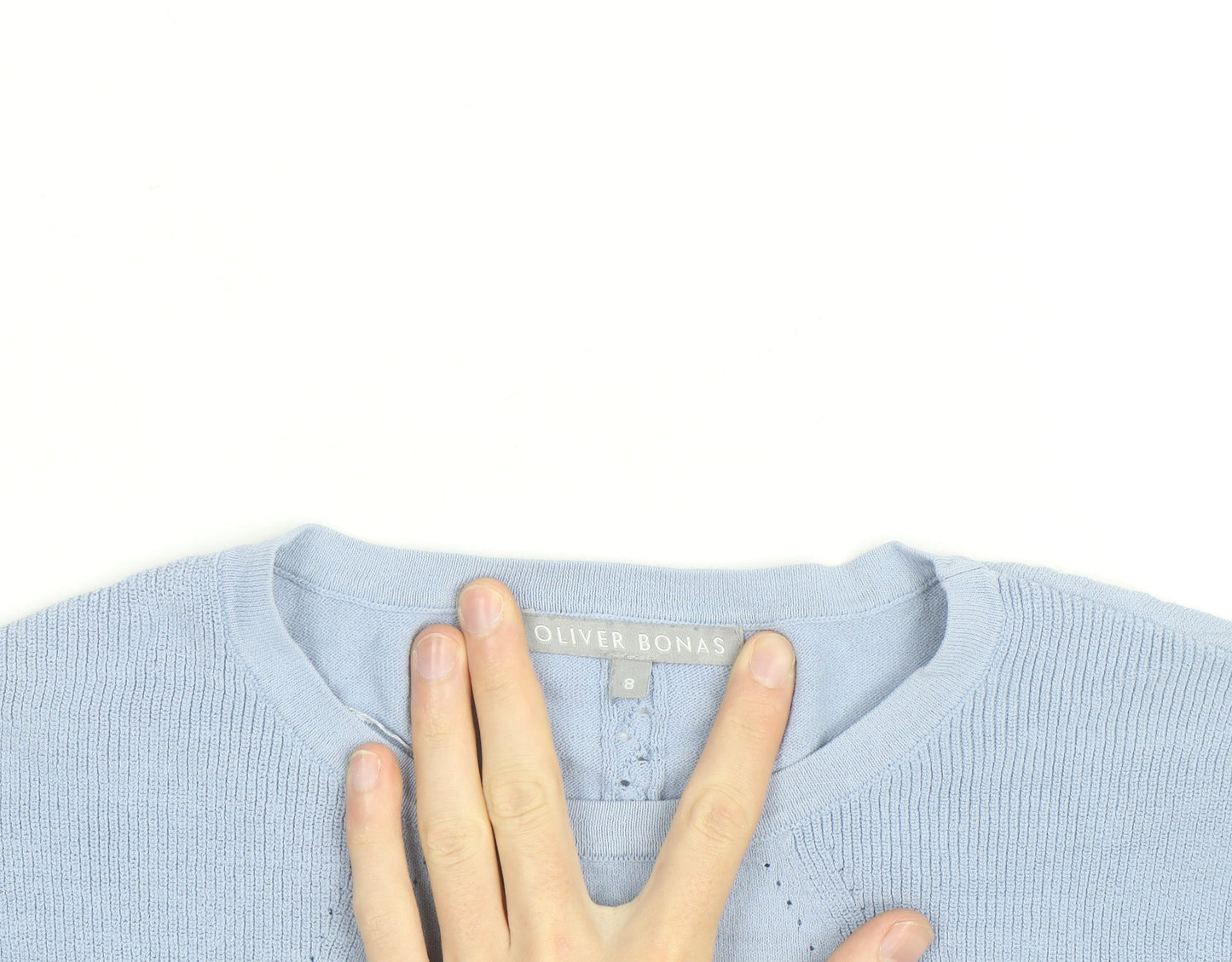 Oliver Bonas Women's Blue Knit Cotton Blend Short Sleeve Blouse UK 8