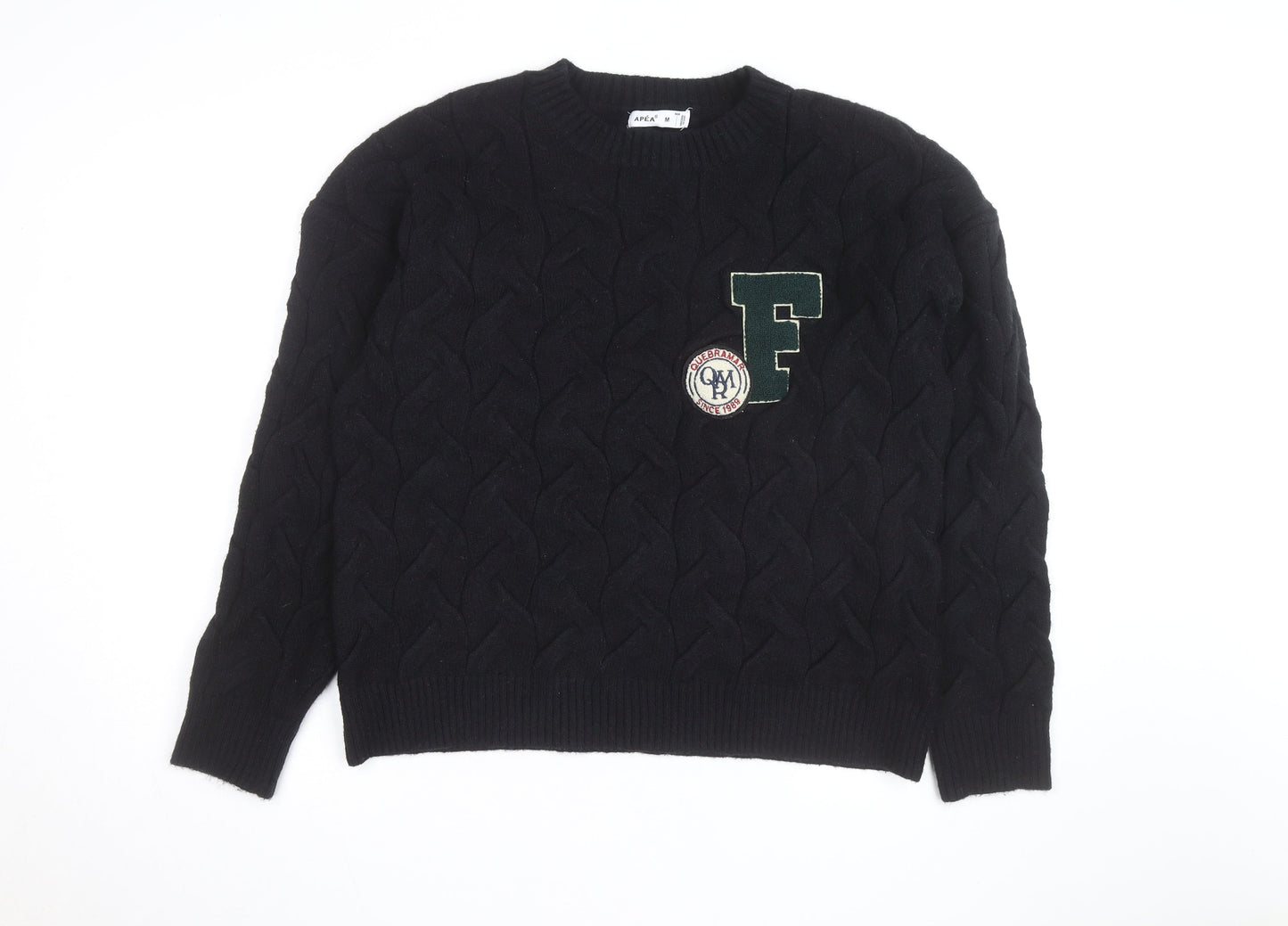 APEA Men's Black Cable-Knit Crew Neck Jumper Size M