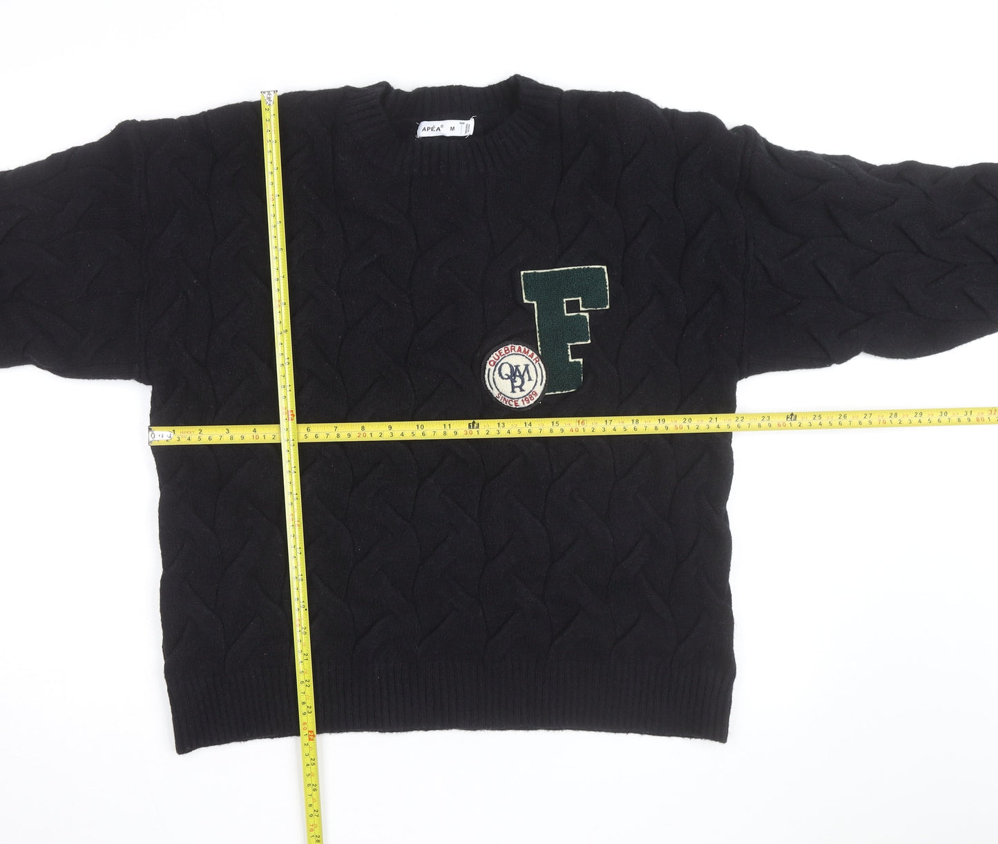 APEA Men's Black Cable-Knit Crew Neck Jumper Size M
