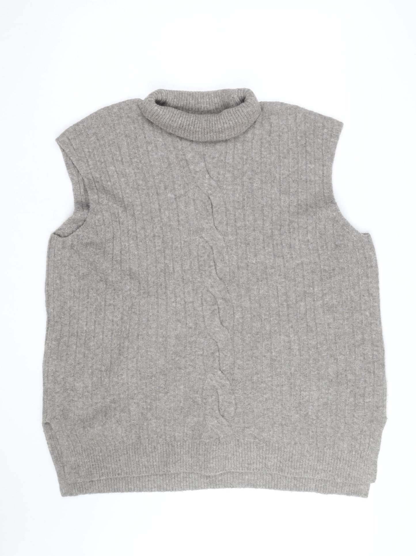 F&F Womens Grey Roll Neck Cable-Knit Wool Blend Sleeveless Jumper XL