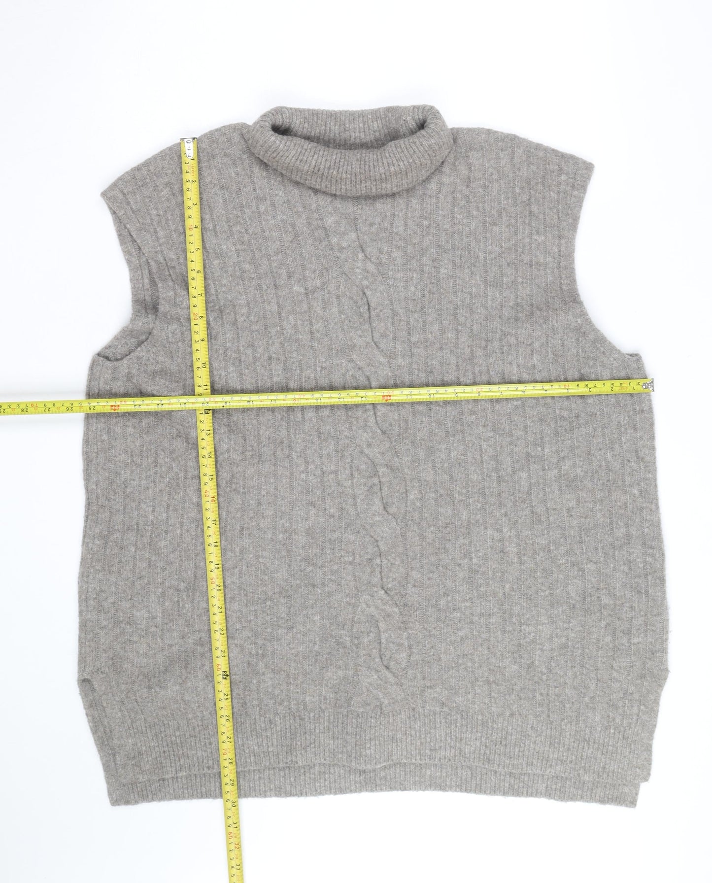 F&F Womens Grey Roll Neck Cable-Knit Wool Blend Sleeveless Jumper XL