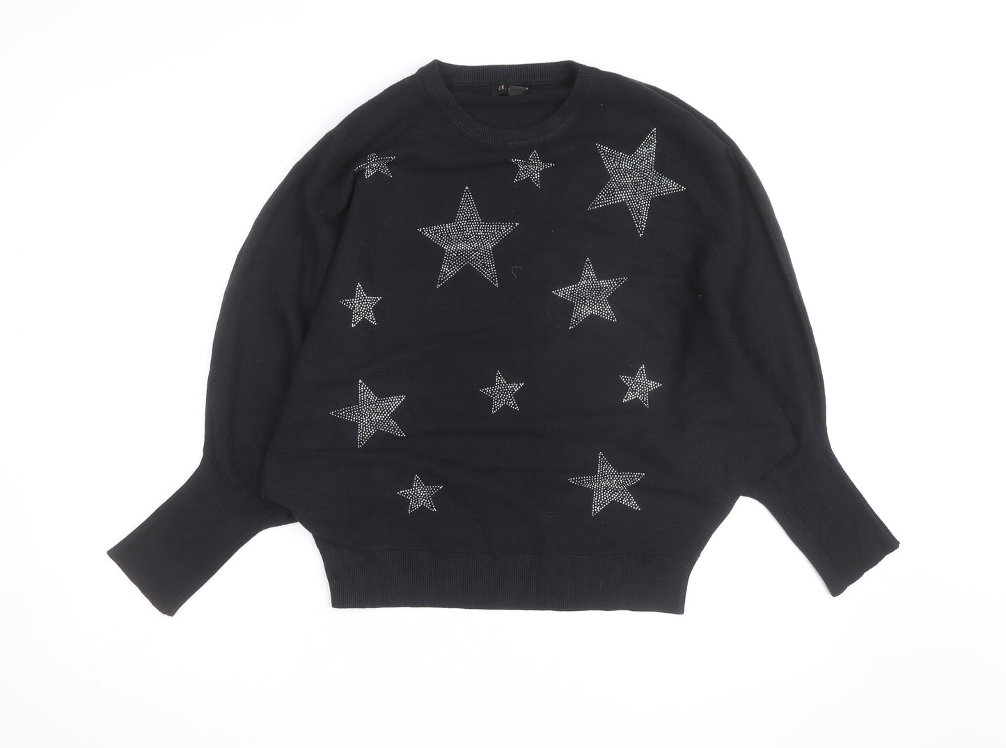 QED London Womens Black L Jumper Star Embellished Batwing Knit Top