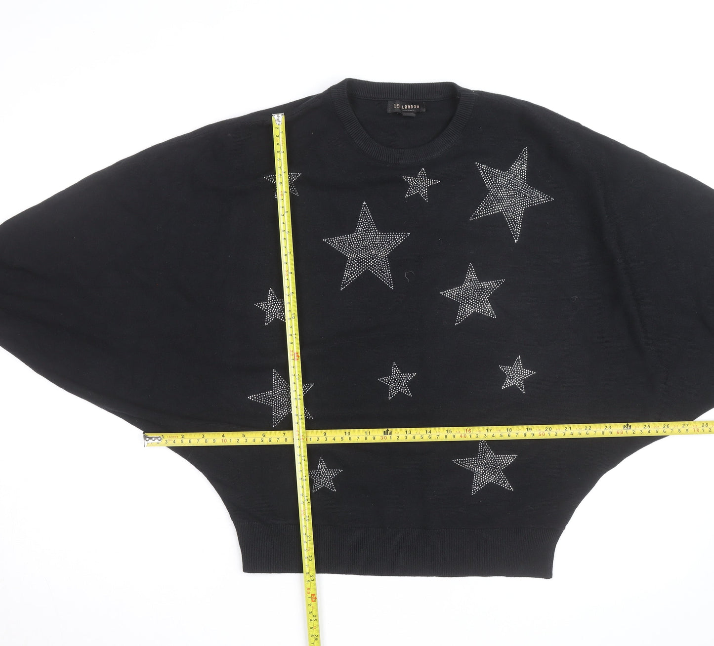 QED London Womens Black L Jumper Star Embellished Batwing Knit Top