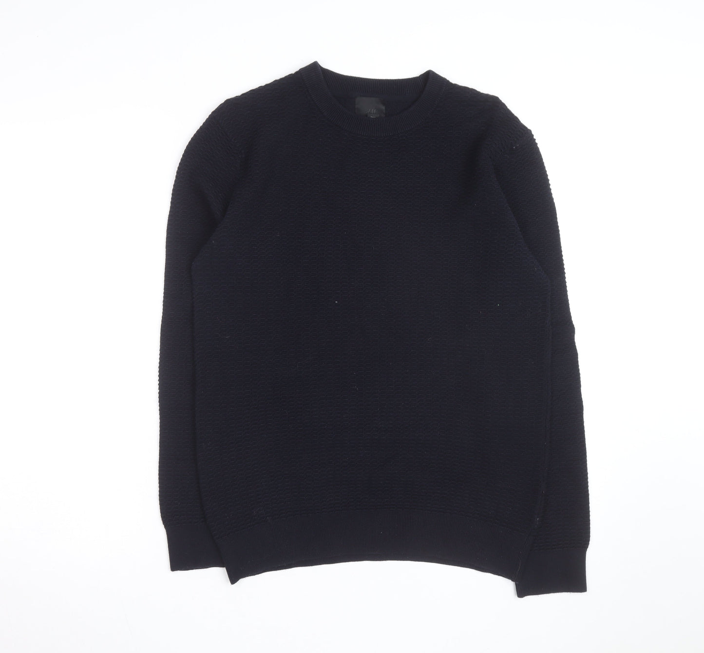 H&M Men's Black Waffle Knit Cotton Blend Crew Neck Jumper Size S