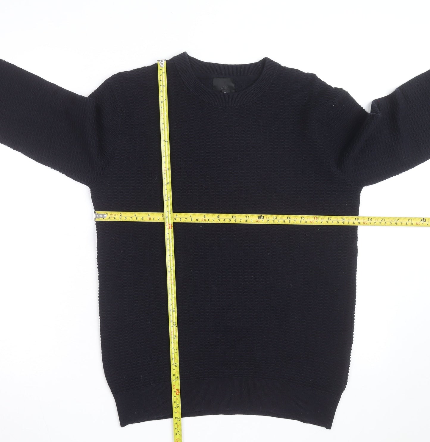 H&M Men's Black Waffle Knit Cotton Blend Crew Neck Jumper Size S