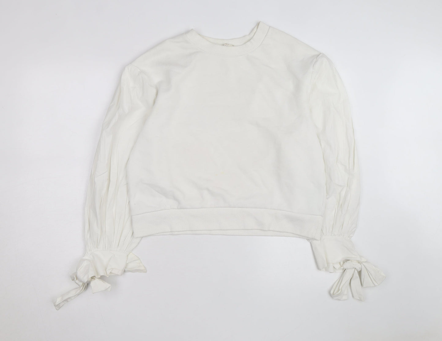 H&M Women’s White Puff Sleeve Bow Detail Cotton Jumper Size 12