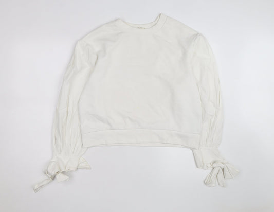 H&M Women’s White Puff Sleeve Bow Detail Cotton Jumper Size 12