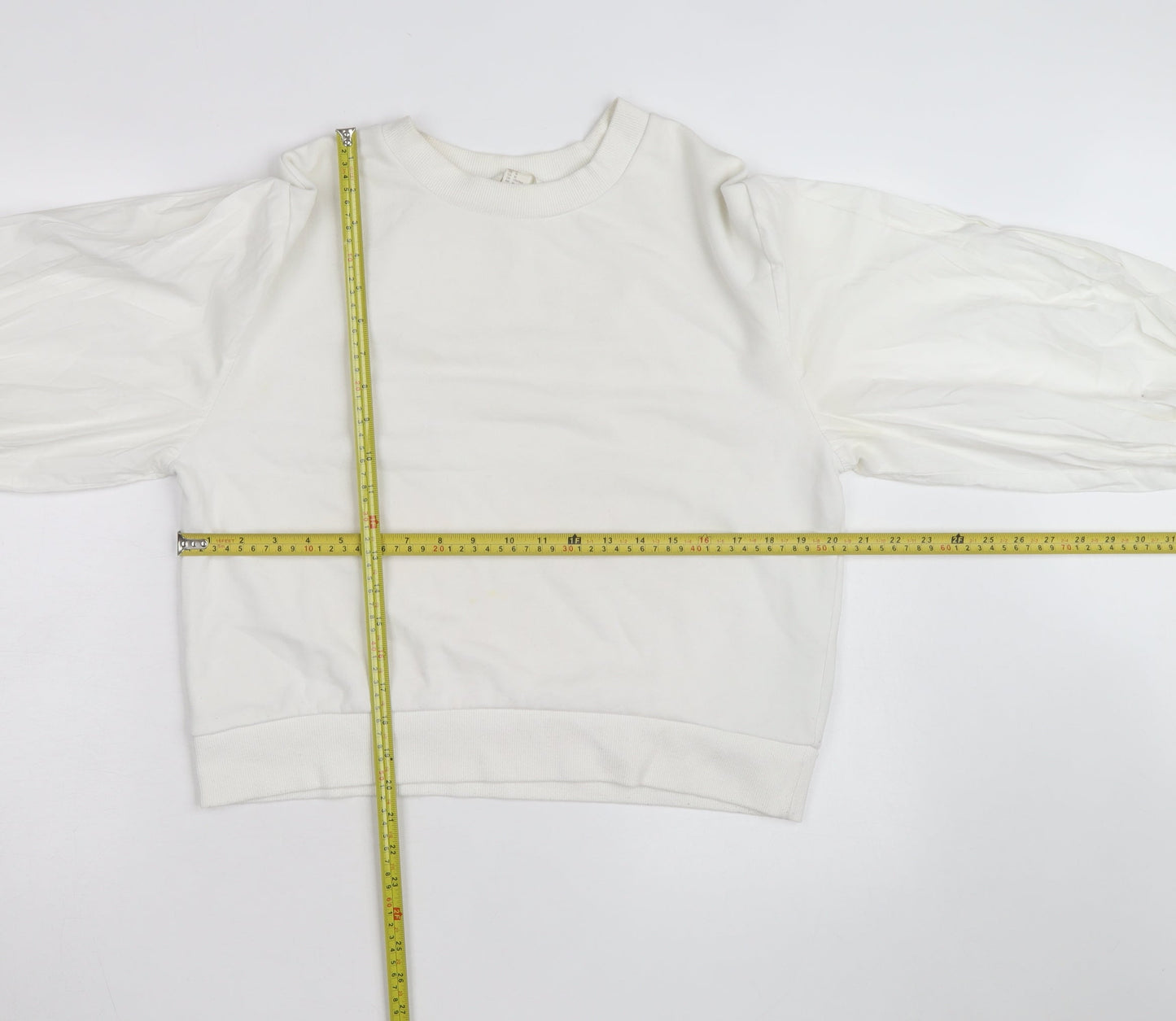 H&M Women’s White Puff Sleeve Bow Detail Cotton Jumper Size 12